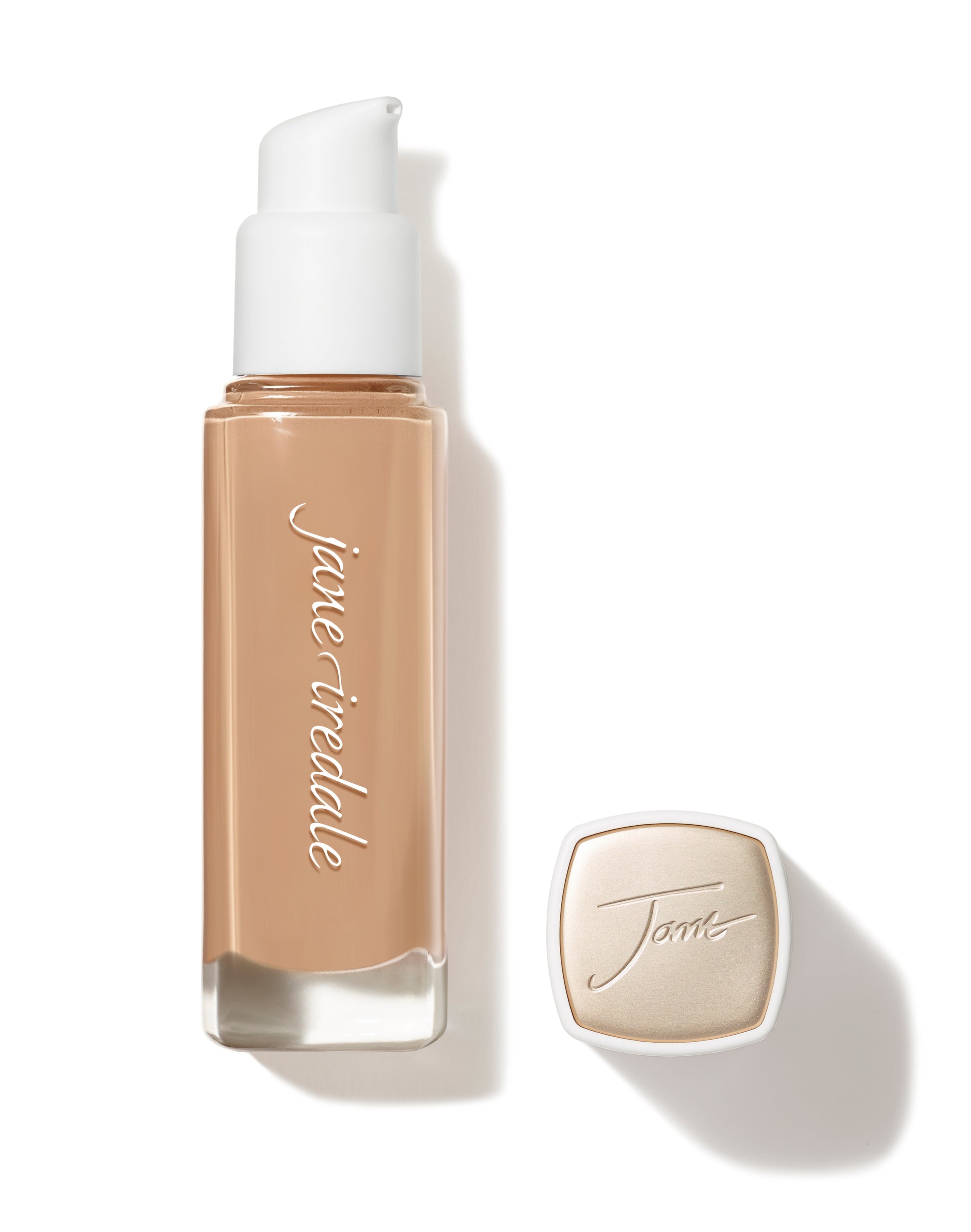 Jane Iredale Skintuition SPF 30 Radiance-Boosting Liquid Foundation with pump, pale gold lid, offering buildable coverage and skincare benefits, featuring hyaluronic acid and niacinamide.