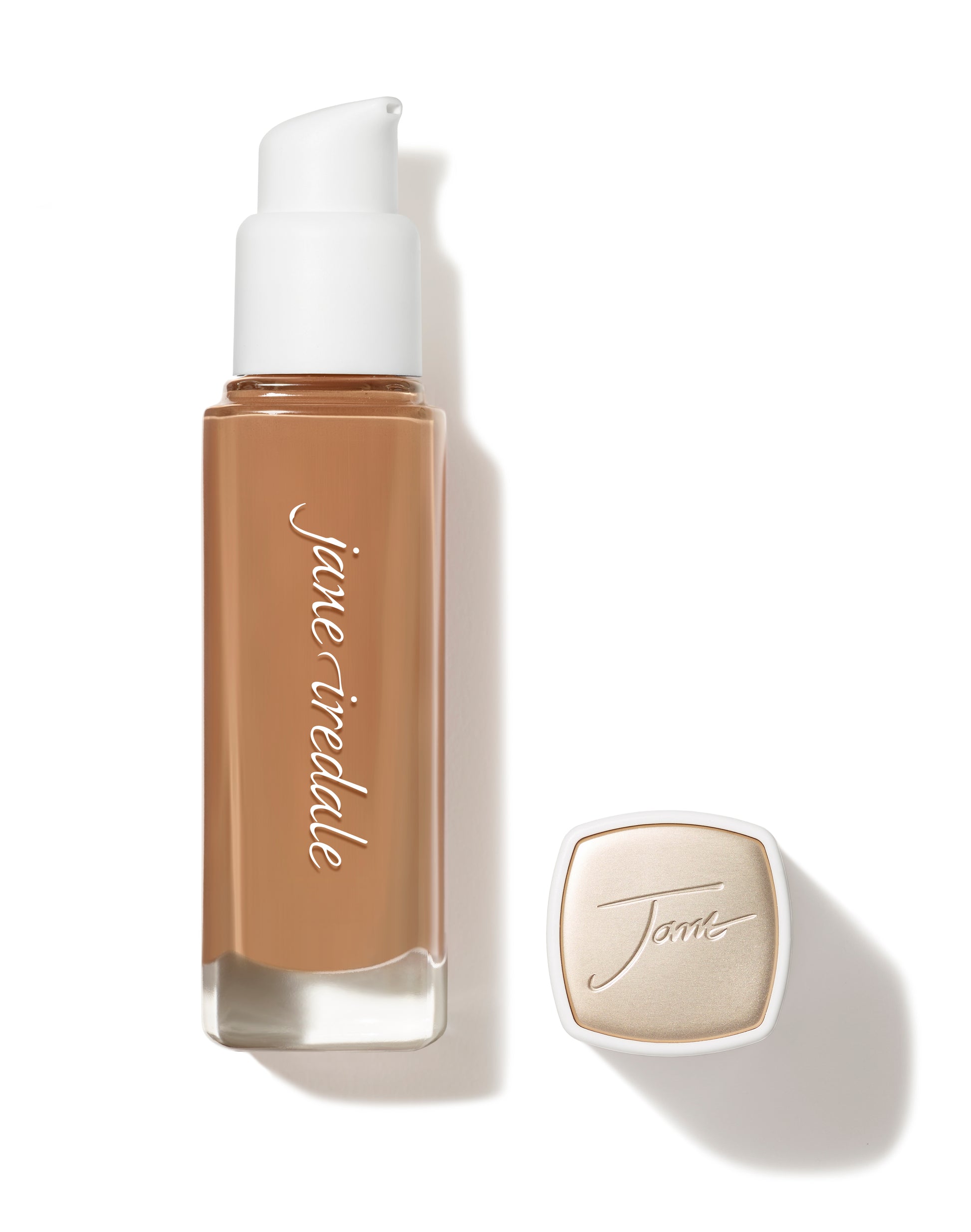 Skintuition SPF 30 Radiance-Boosting Liquid Foundation in a glass bottle with a white pump and gold cap, offering medium-to-full coverage and skincare benefits.