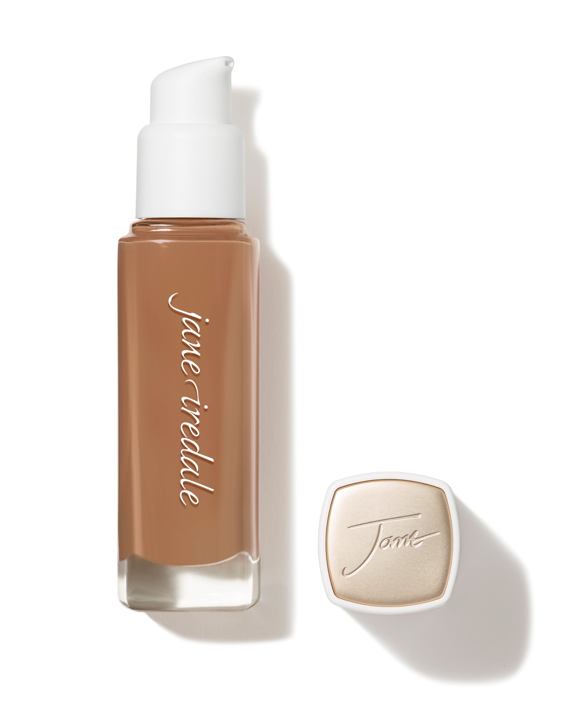 Jane Iredale Skintuition SPF 30 Radiance-Boosting Liquid Foundation bottle with cap, offering medium-to-full coverage and skincare benefits, displayed in a medium-deep tan shade.