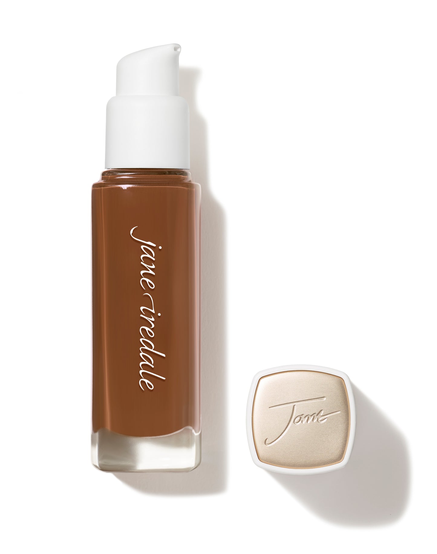 Jane Iredale's Skintuition SPF 30 Radiance-Boosting Liquid Foundation in a glass pump-bottle with cap, offering luminous, buildable coverage and skincare benefits.