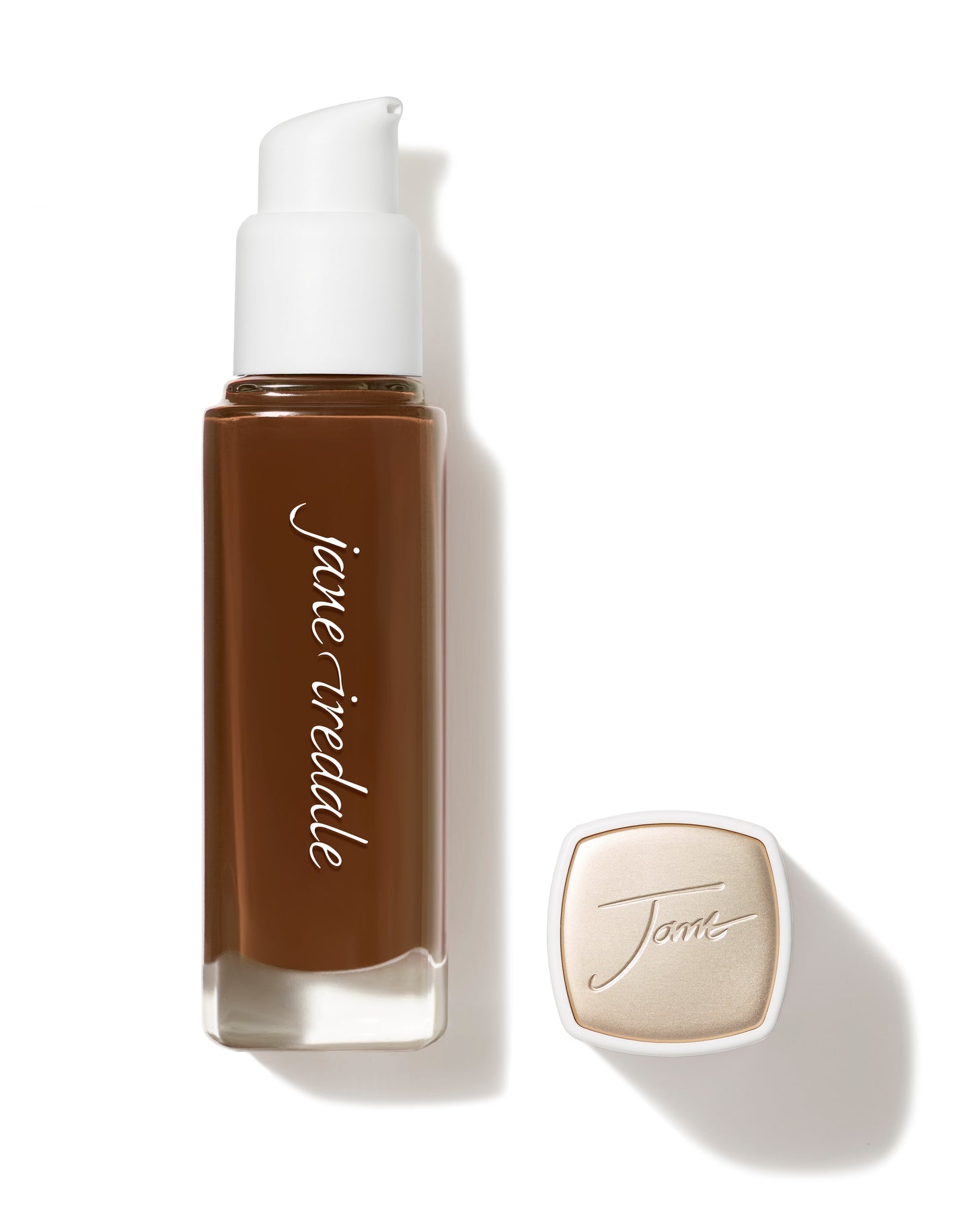 Jane Iredale Skintuition SPF 30 Radiance-Boosting Liquid Foundation in deep brown, with gold-topped cap, offers skincare benefits and broad spectrum protection.