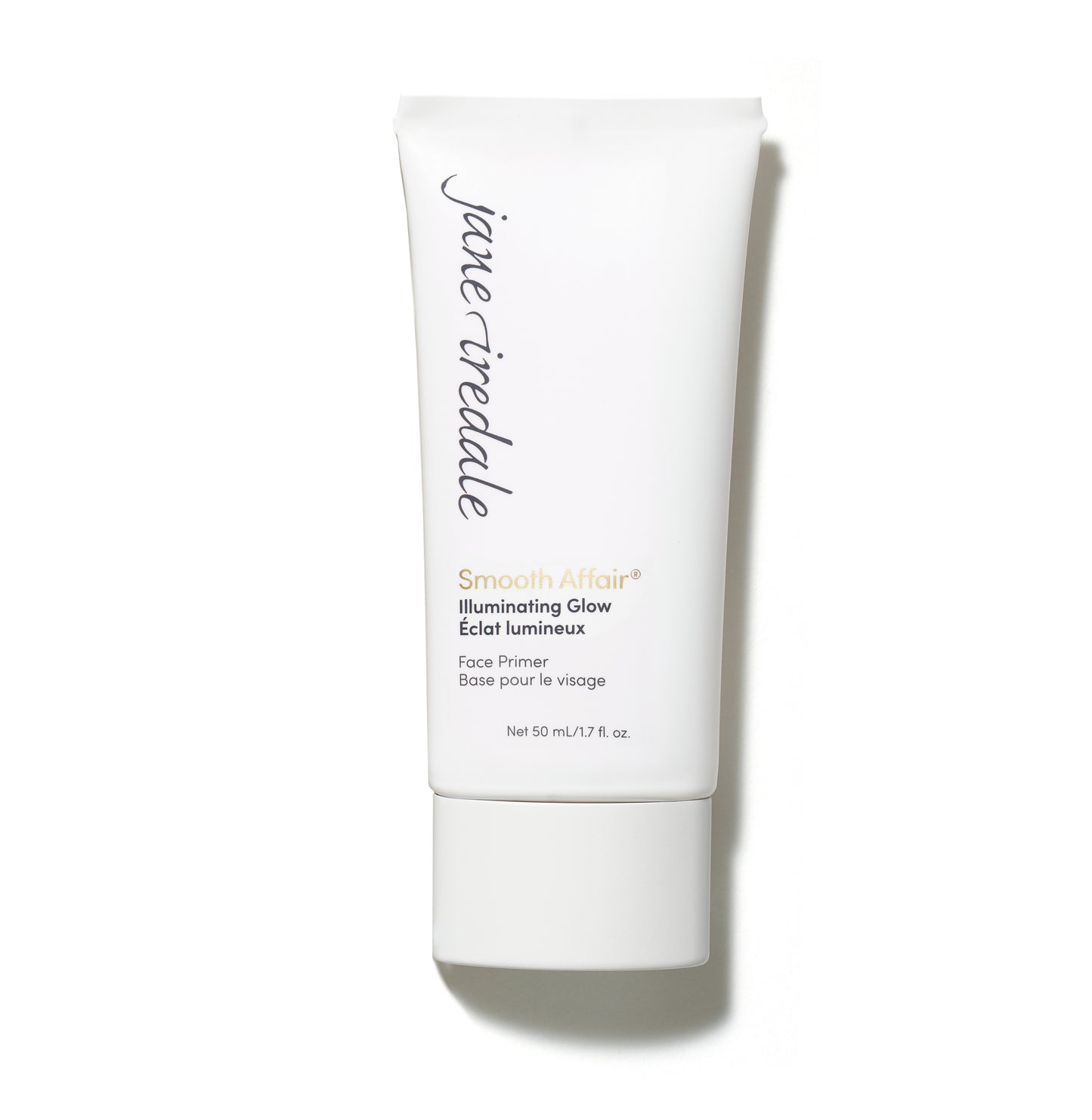 Jane Iredale’s Smooth Affair® Illuminating Glow Face Primer in a white tube, offering a radiant base with hyaluronic acid for a fresh, dewy complexion.