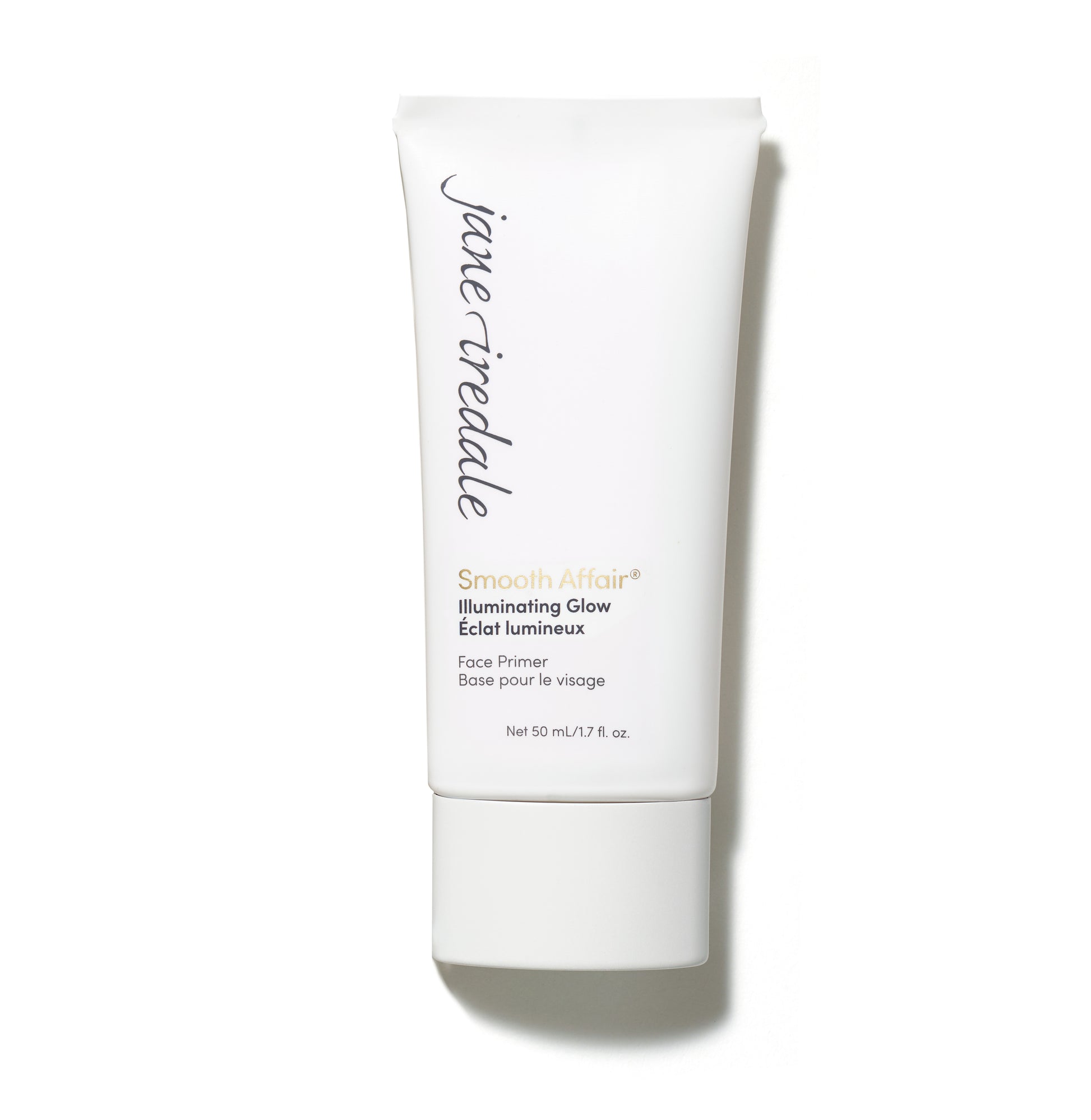 Jane Iredale’s Smooth Affair® Illuminating Glow Face Primer in a white tube, offering a radiant base with hyaluronic acid for a fresh, dewy complexion.