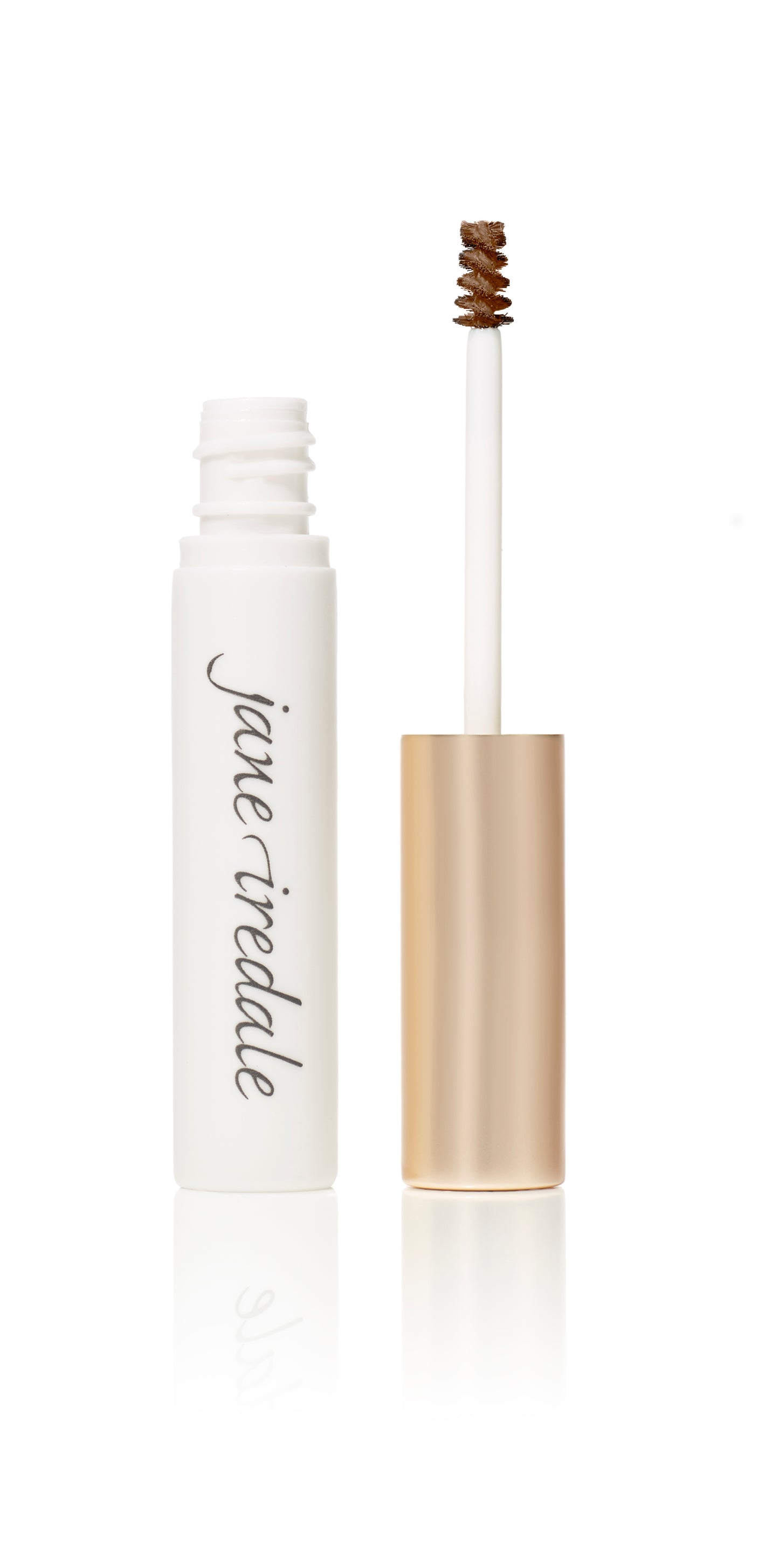 Jane Iredale PureBrow® Brow Gel and spoolie applicator, designed to define and set brows with a natural finish, available in 7 shades plus Clear.