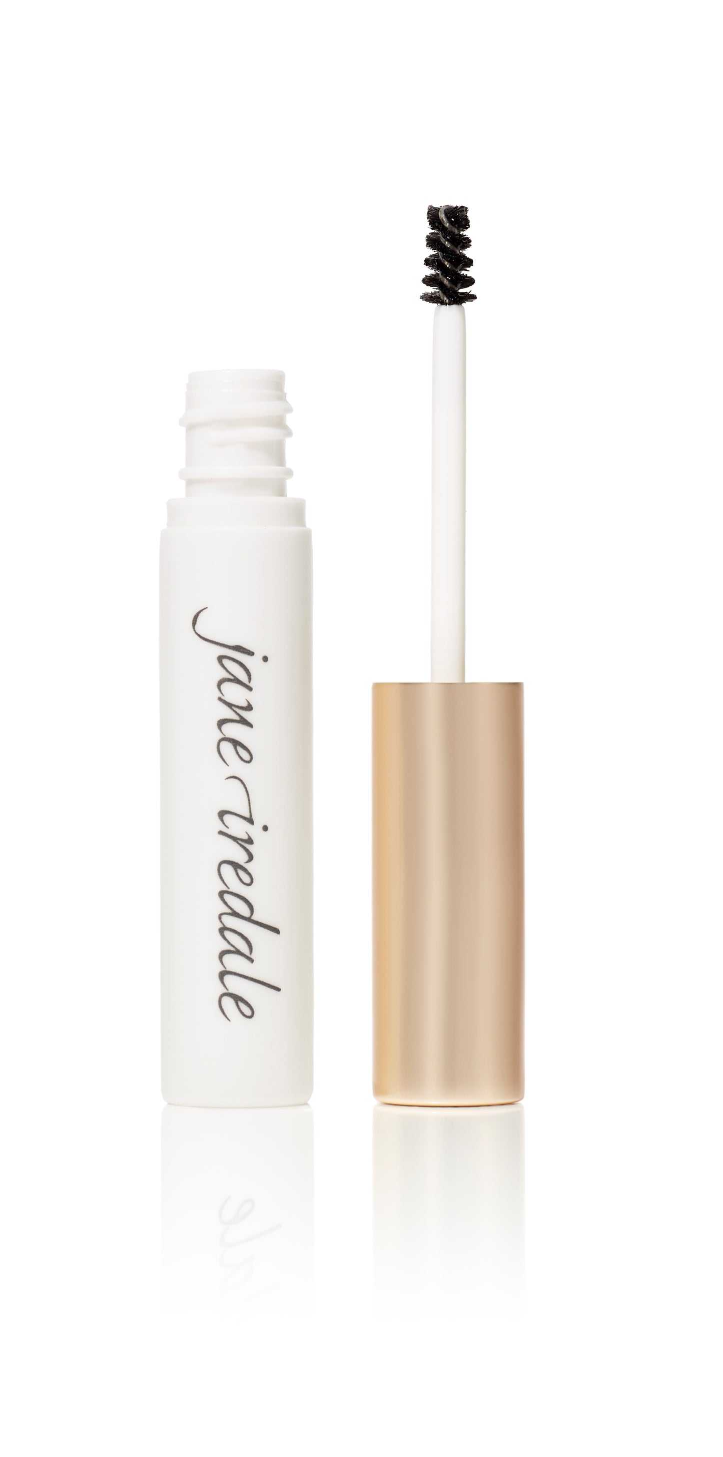 PureBrow® Brow Gel by jane iredale, shown in a small white tube with gold-tone spoolie cap, provides natural finish and all-day hold, available in seven shades.