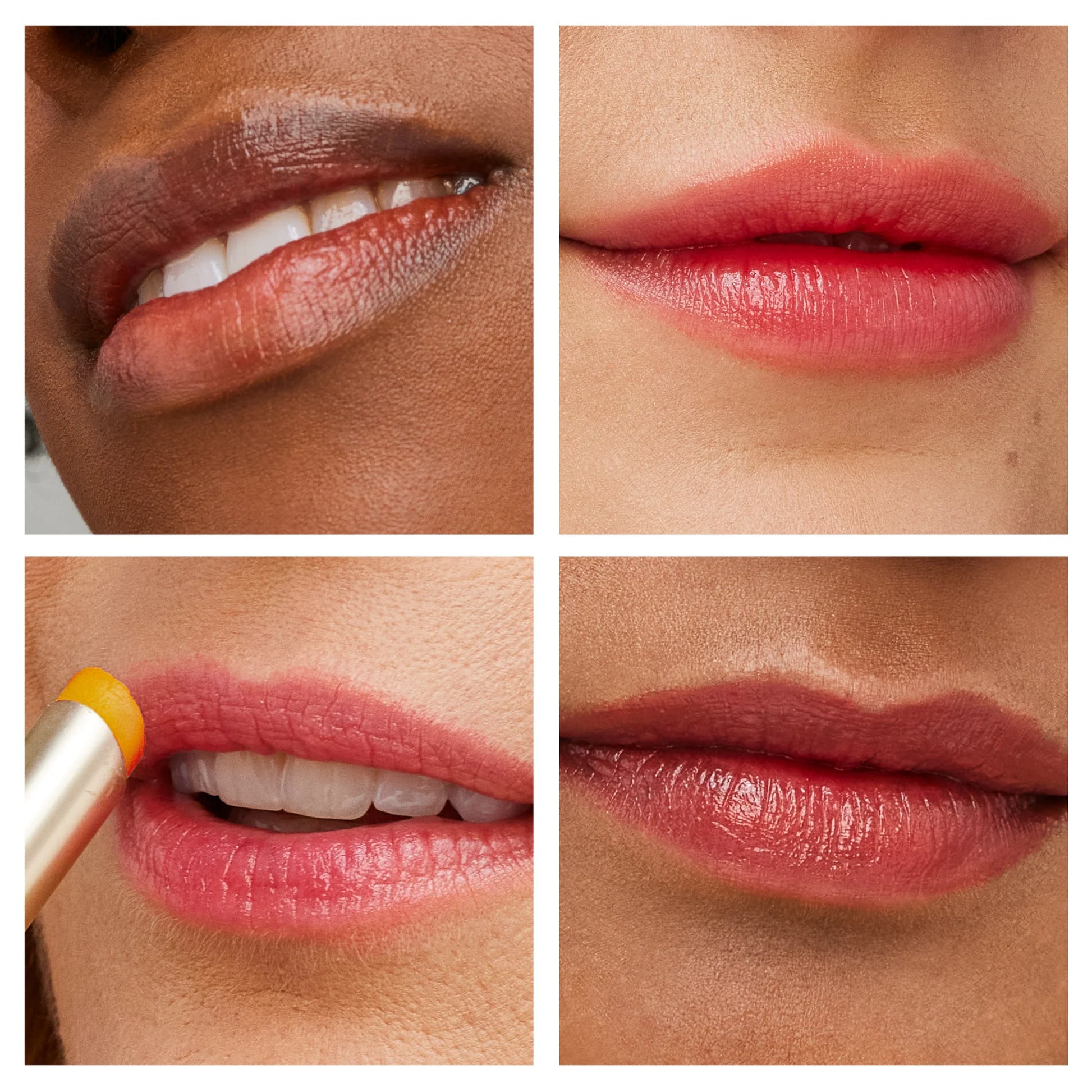 Close-up collage showing Just Kissed® Lip and Cheek Stain on lips, highlighting its multitasking, nourishing formula for a personalized, long-wearing look.