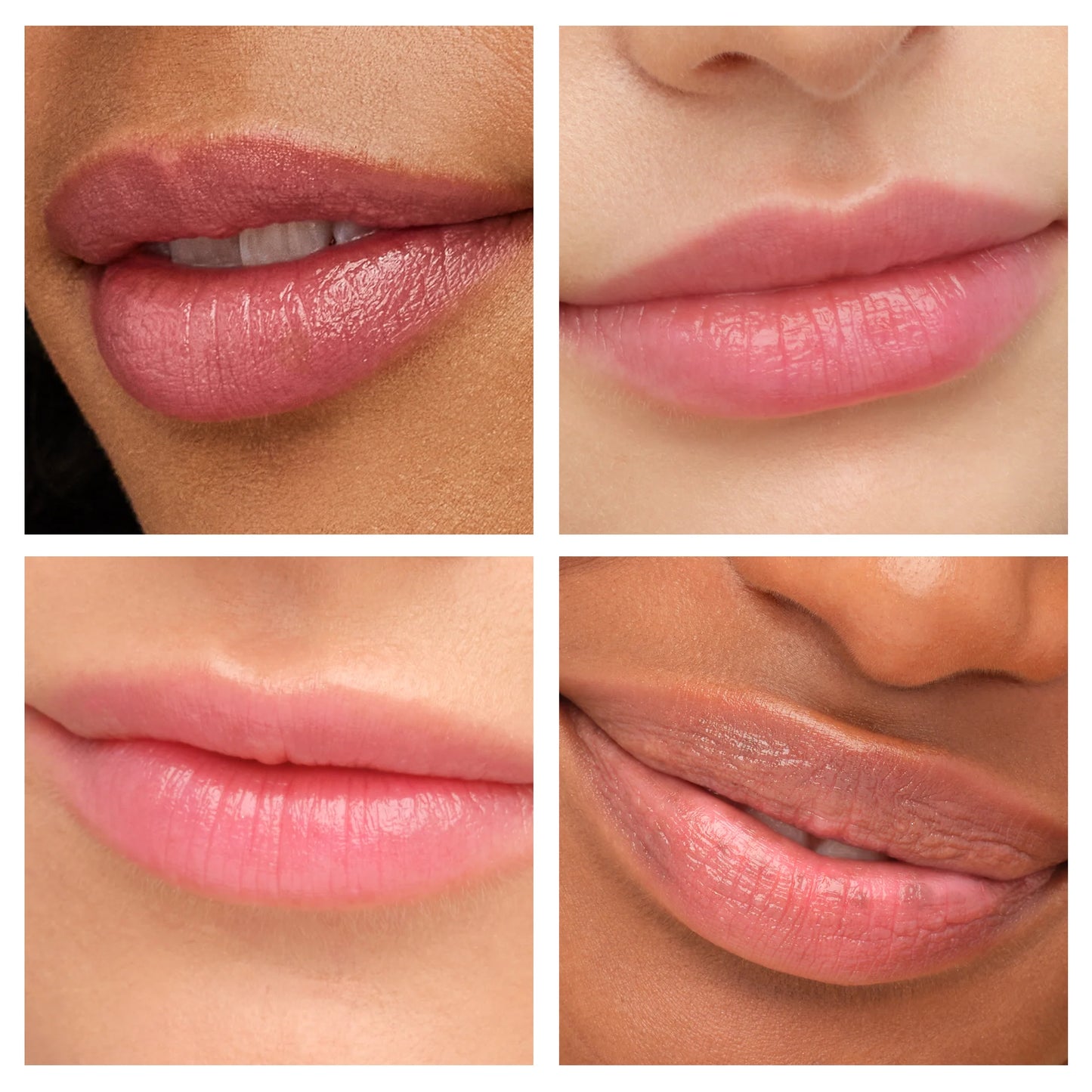 Close-ups of diverse lips wearing Just Kissed® Lip and Cheek Stain, showcasing its personalized, nourishing pinky-nude shades for a naturally flushed look.