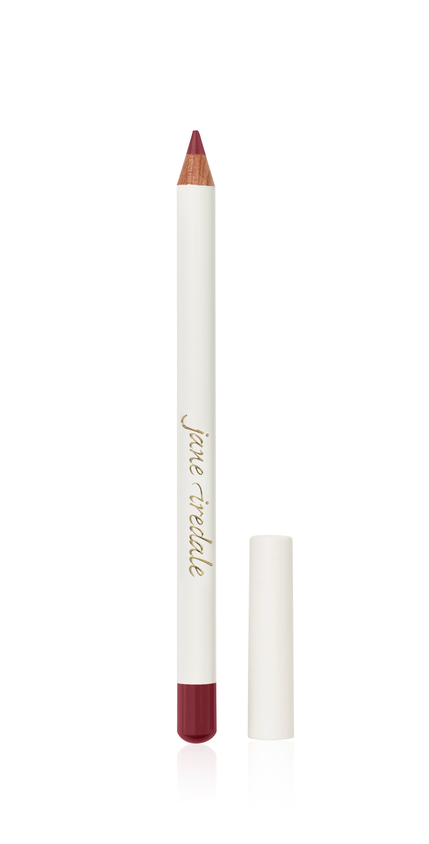 Jane Iredale Lip Pencil with a white lacquered body, gold script, and berry-red tip, offering smooth application and precise definition.