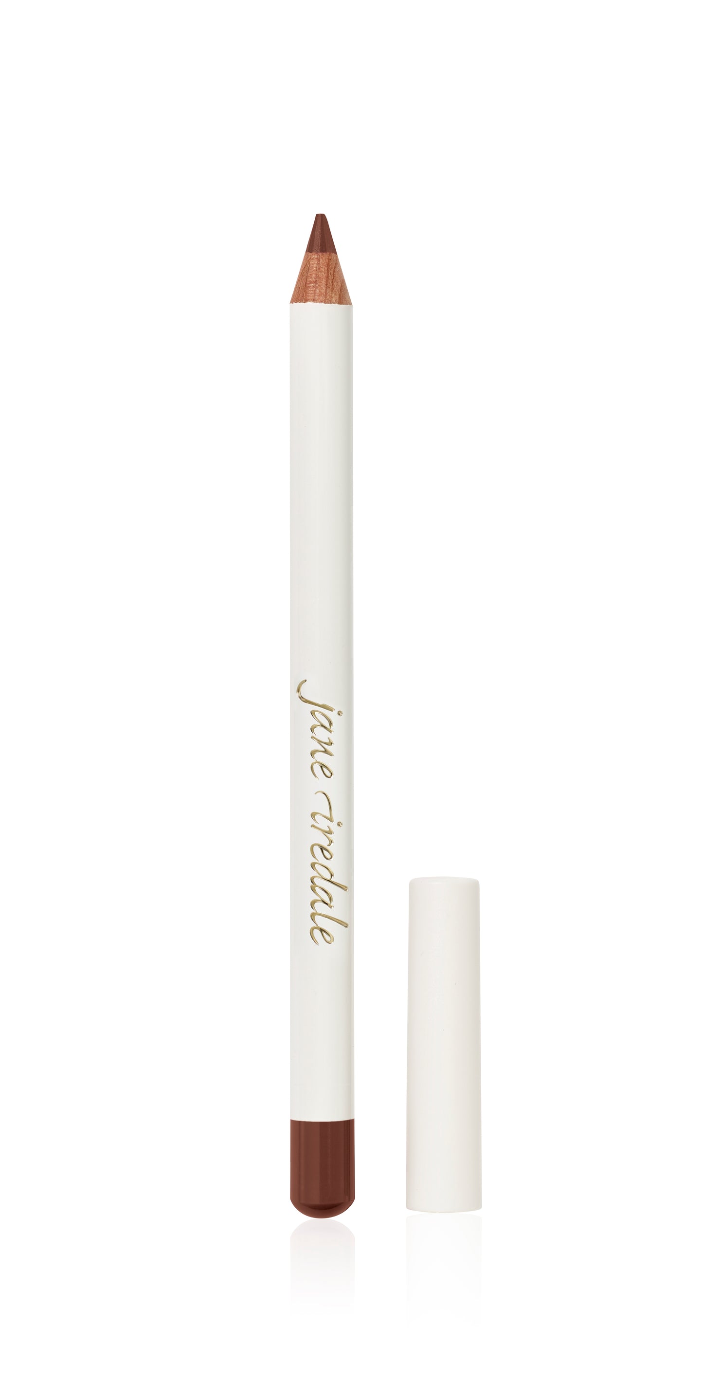 White-sleeved Jane Iredale Lip Pencil with cap removed, showcasing its warm brown core. Ideal for defining lips with smooth, long-wearing, natural color.