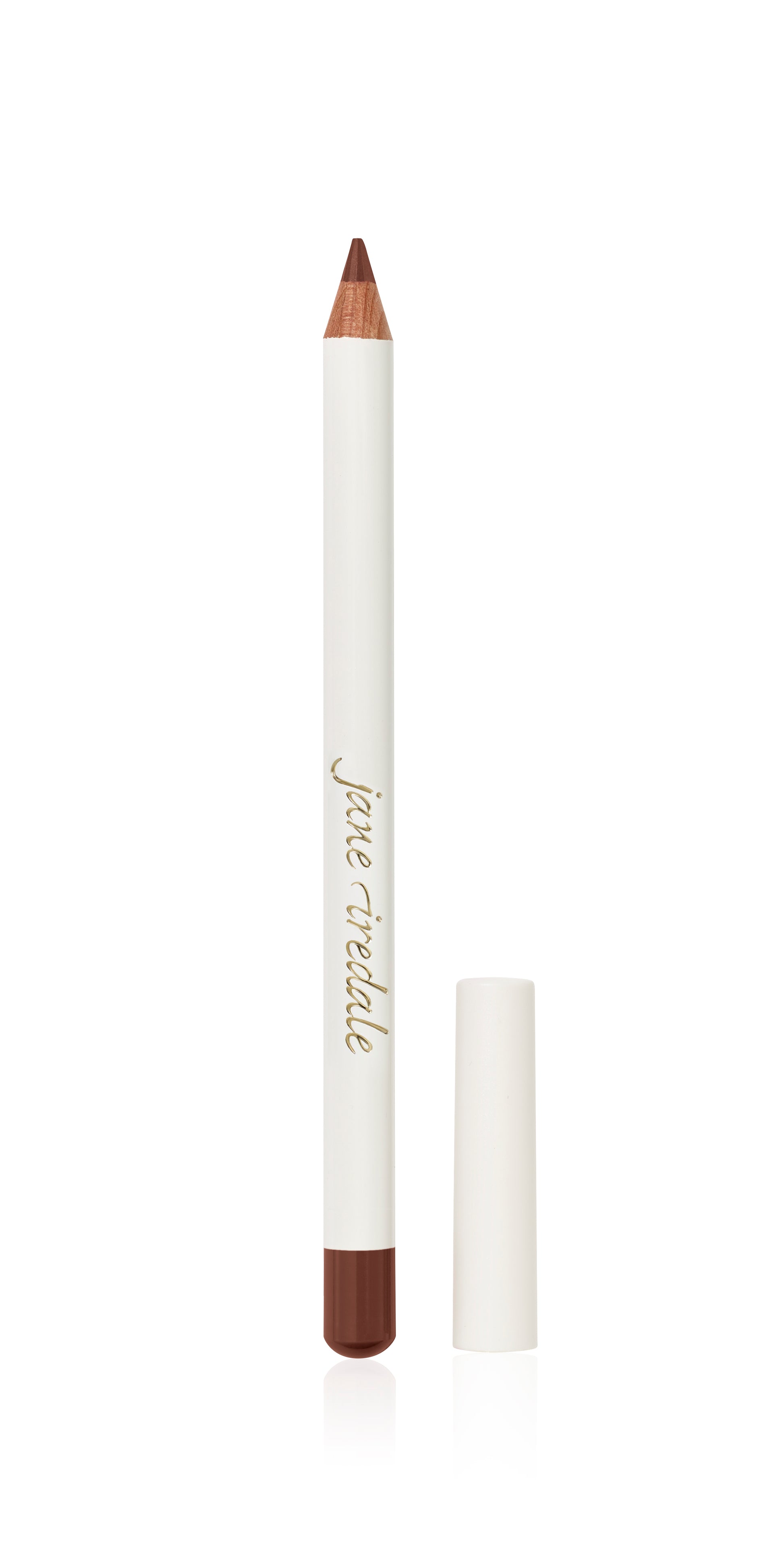 White-sleeved Jane Iredale Lip Pencil with cap removed, showcasing its warm brown core. Ideal for defining lips with smooth, long-wearing, natural color.