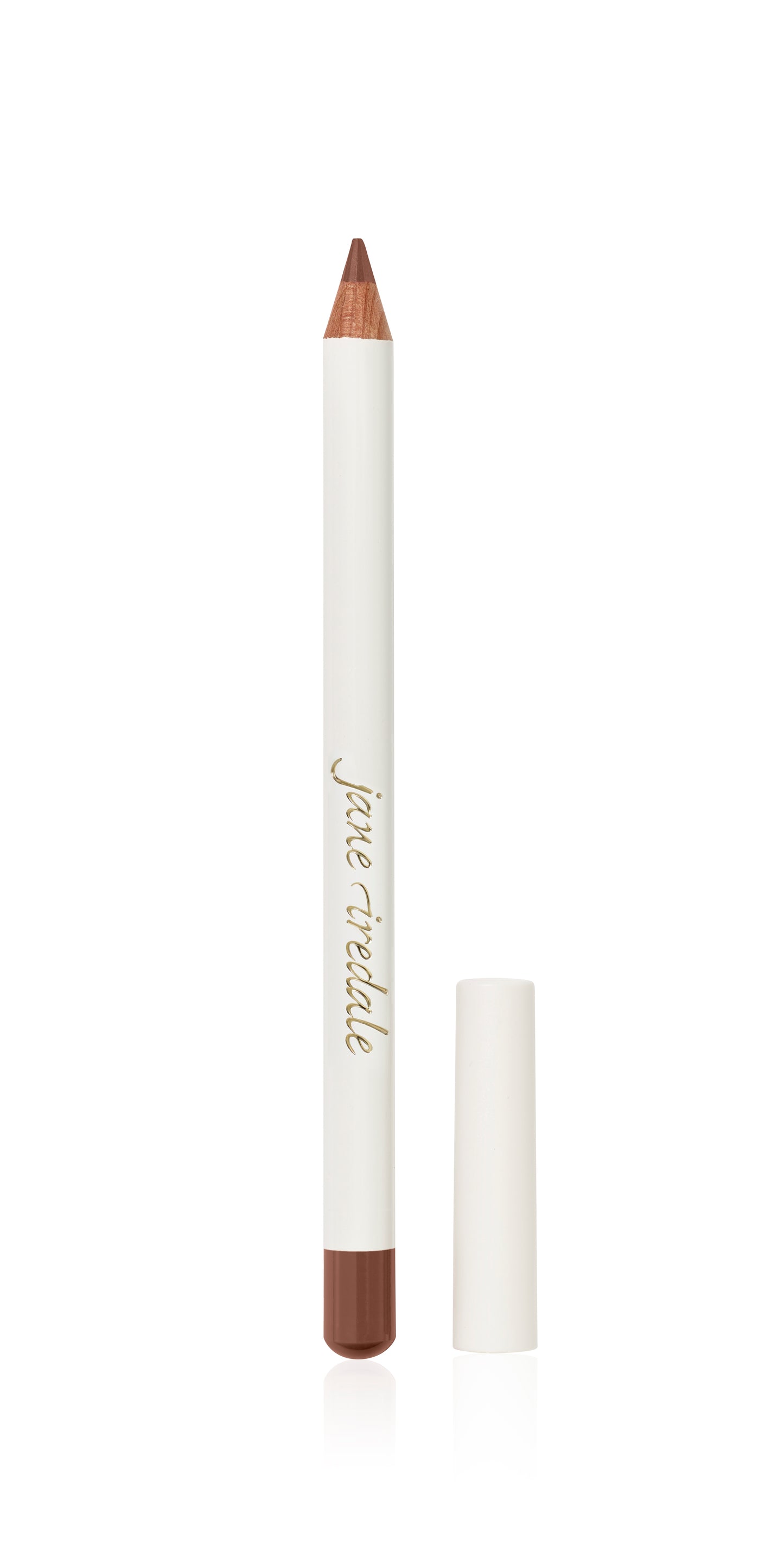Jane Iredale Lip Pencil with creamy formula, white barrel, gold script, and brown tip, ideal for defining lips with smooth, long-lasting application.