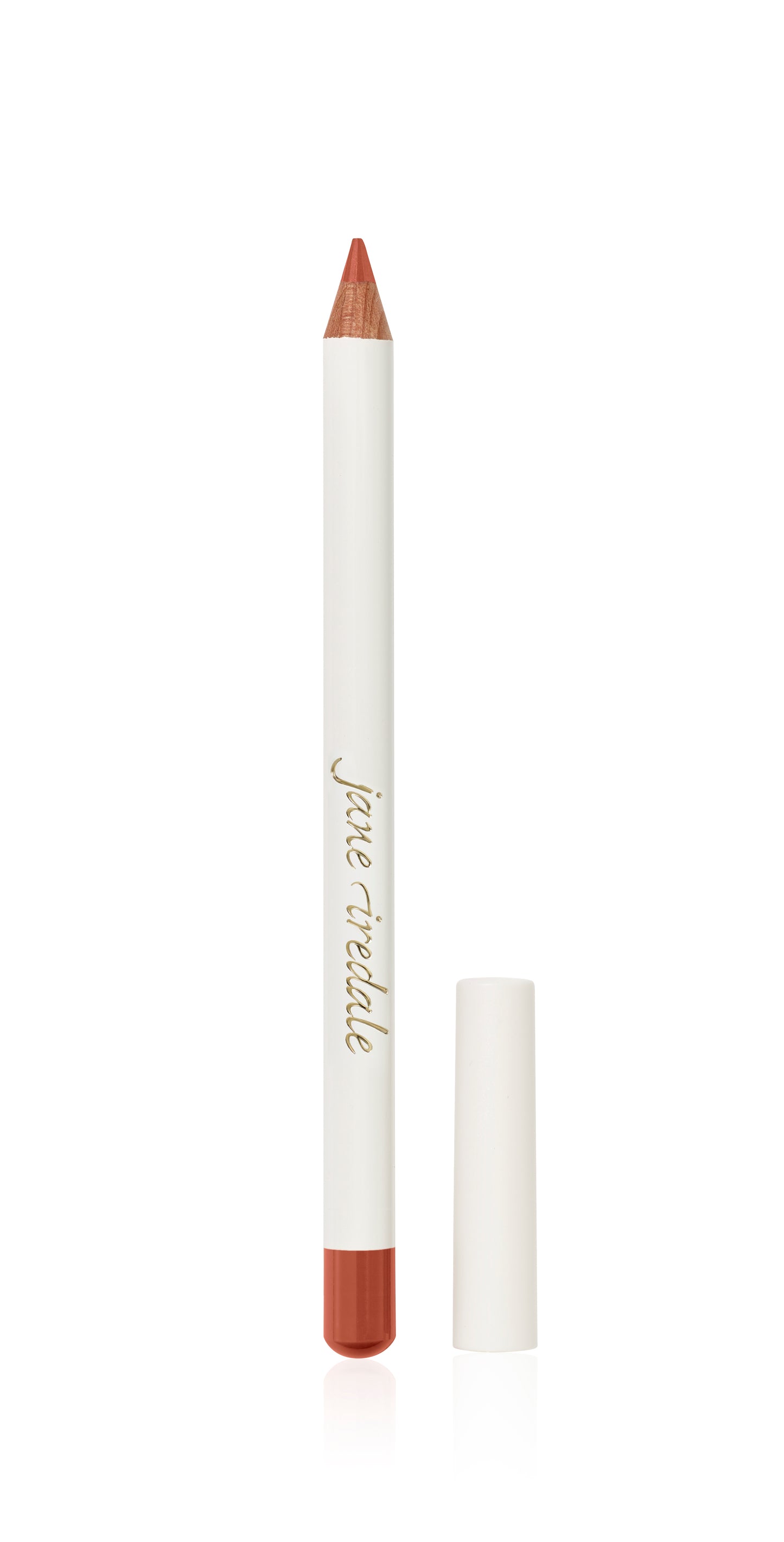 Jane Iredale Lip Pencil with coral-peach tip exposed, showcasing smooth, precise application for defining lips. Ideal for a natural look or under lipstick.