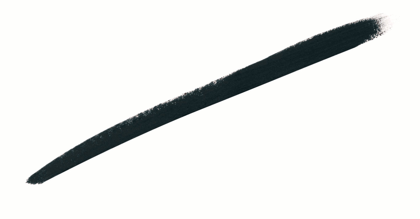 Mystikol® Powdered Eyeliner depicted as a bold, black brush-stroke, highlighting versatility for smoky or precise looks, ideal for sensitive eyes and contact lens wearers.