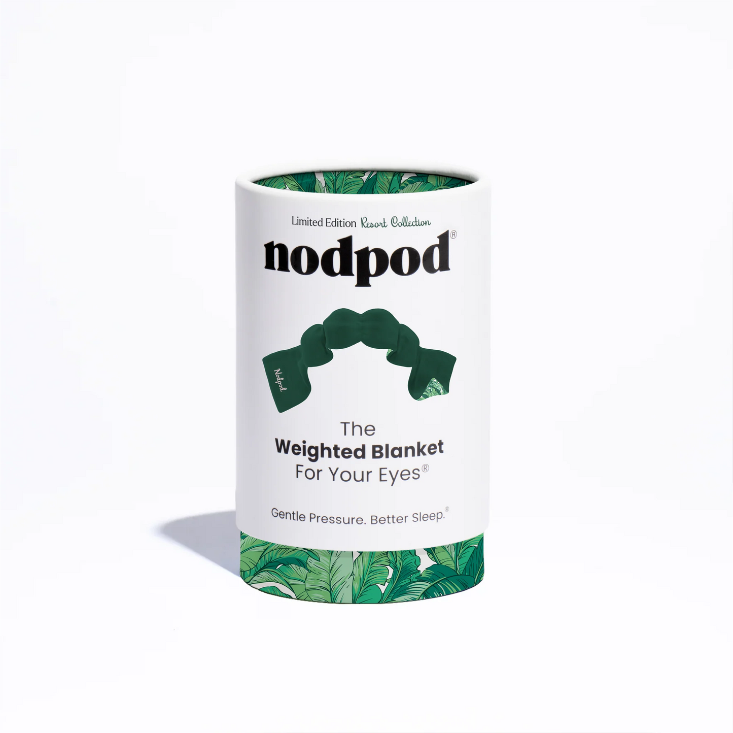 Nodpod's The Weighted Blanket for Your Eyes in a Resort Collection cylinder, featuring a strap-free, scallop-edge sleep mask with microbead pods for soothing rest.