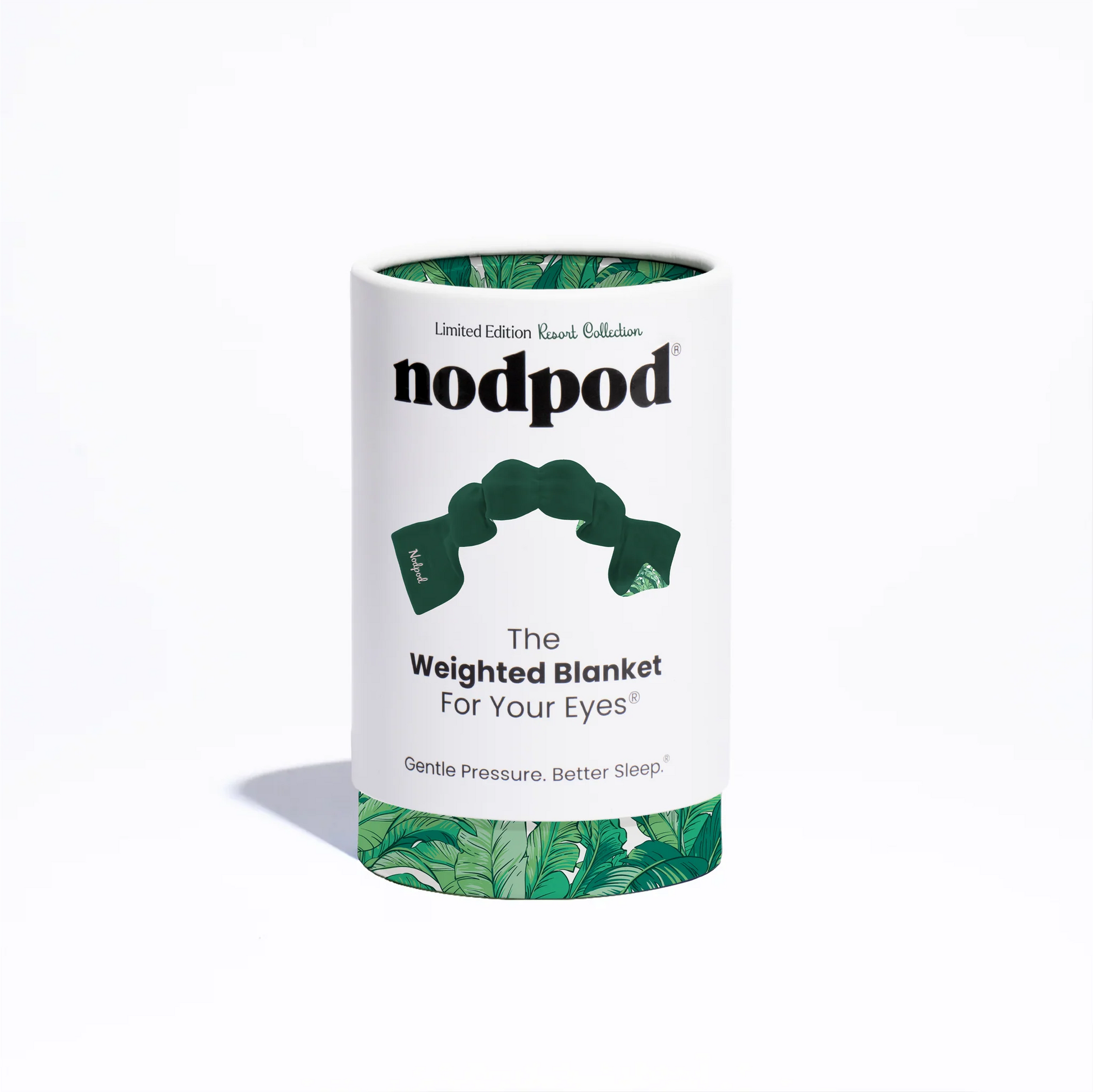 Nodpod's The Weighted Blanket for Your Eyes in a Resort Collection cylinder, featuring a strap-free, scallop-edge sleep mask with microbead pods for soothing rest.