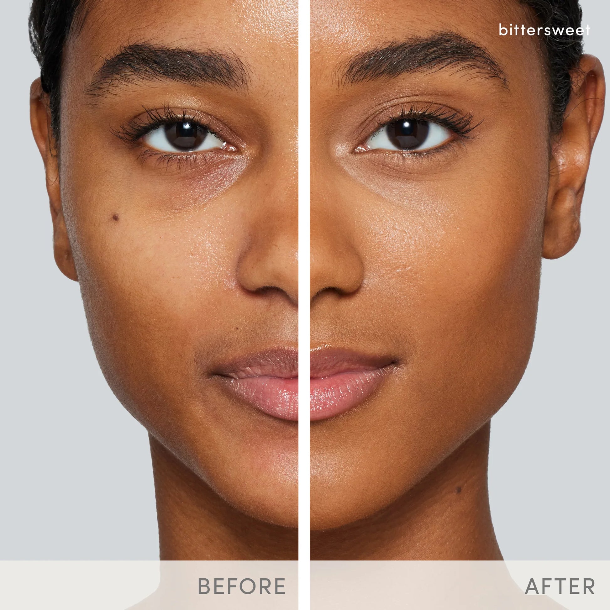 Split-screen showing before and after effects of PurePressed® Base Mineral Foundation SPF 20/15 Refill, highlighting smoother, brighter skin under the eye area.