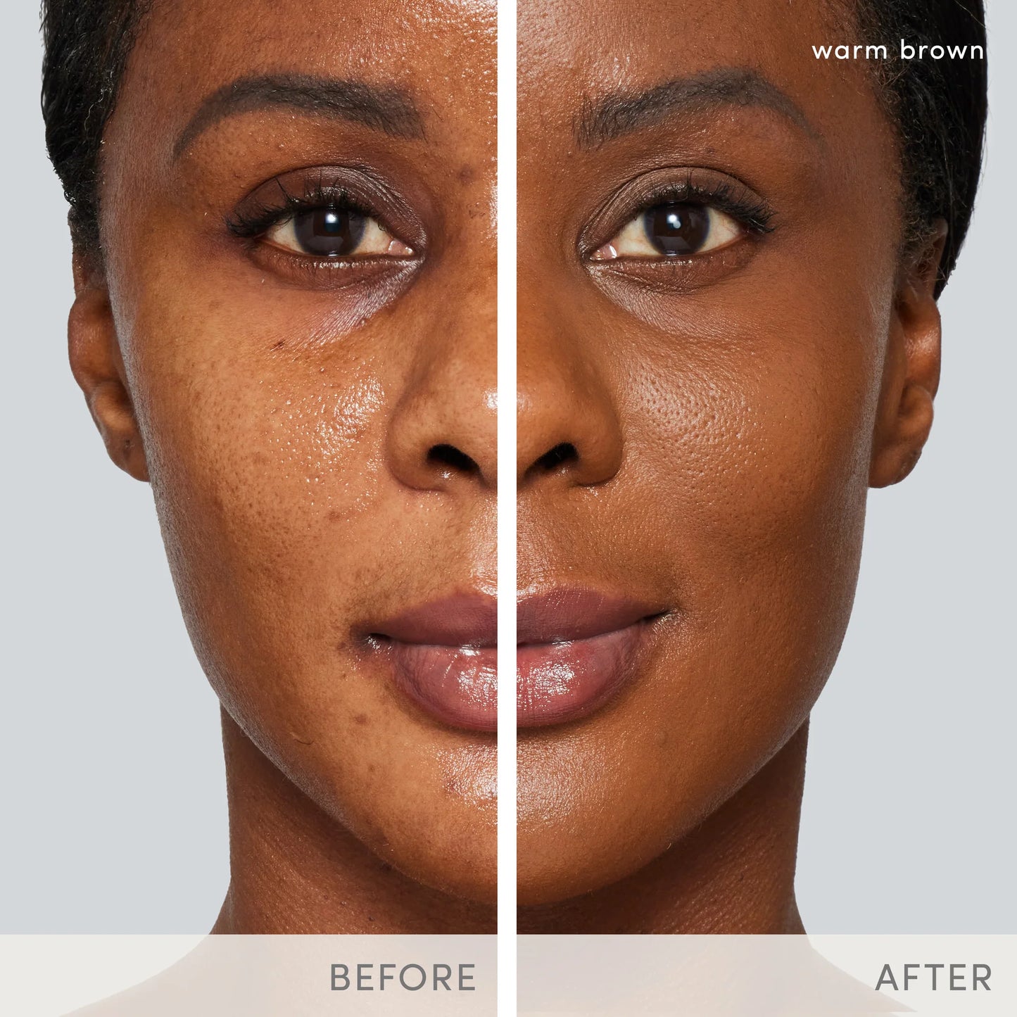 Before-and-after comparison of PurePressed® Base Mineral Foundation SPF 20/15 Refill, showing improved evenness and smoothness on the right side of a dark-skinned person's face.