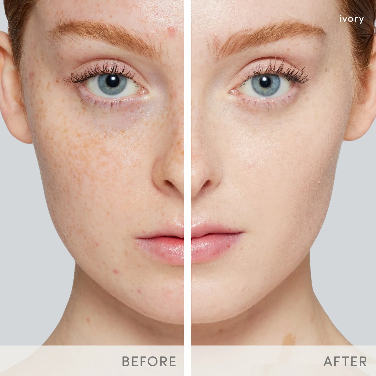 Close-up split image showing face before and after using PurePressed® Base Mineral Foundation SPF 20/15 Refill, highlighting improved complexion and even skin tone.