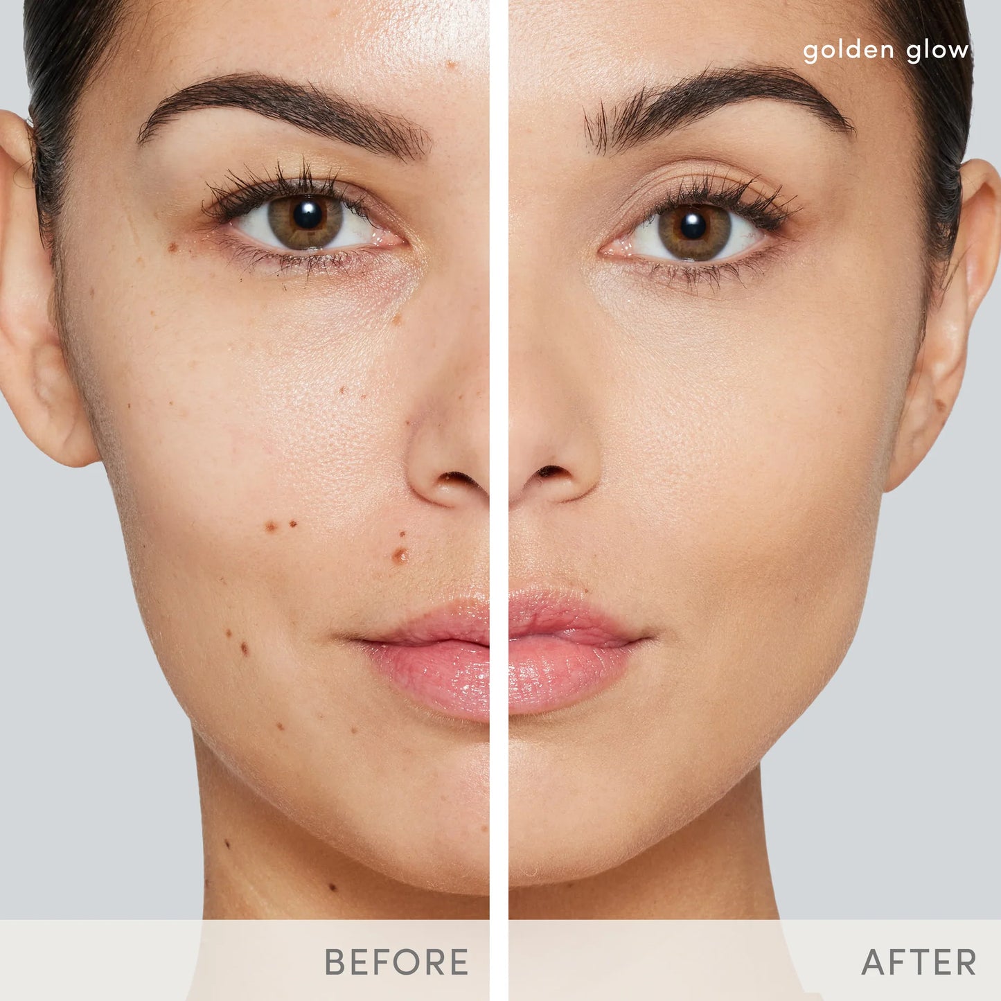 Before and after image showing the effects of PurePressed® Base Mineral Foundation SPF 20/15 Refill, enhancing skin tone and luminosity.