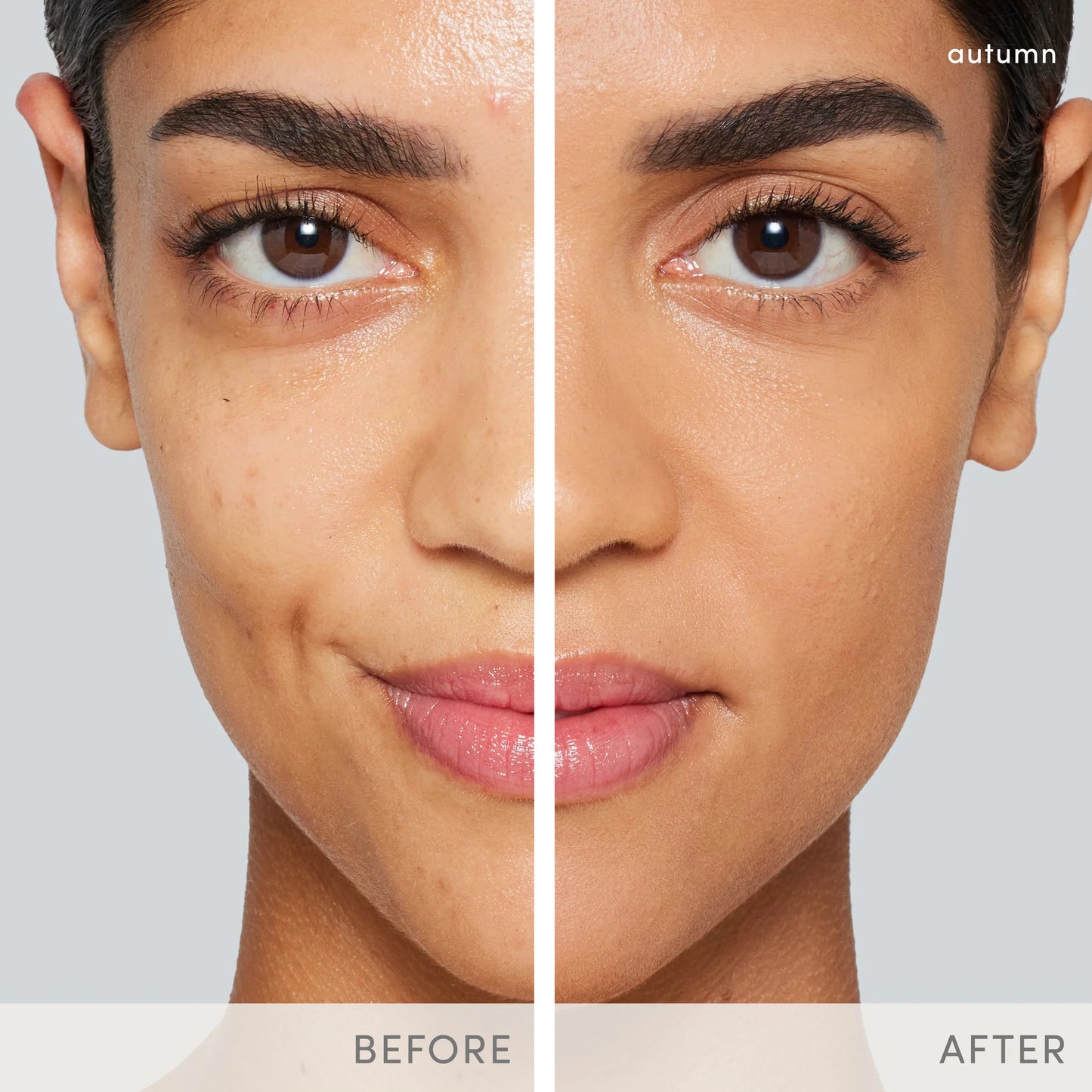 Woman's face before and after using PurePressed® Base Mineral Foundation SPF 20/15 Refill, showing improved complexion with even tone and dewy finish.