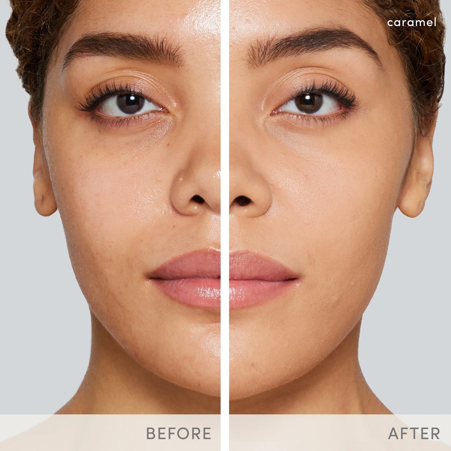 Before-and-after image showing the effects of Jane Iredale's PurePressed® Base Mineral Foundation SPF 20/15 Refill, highlighting smoother, brighter skin with even tone.