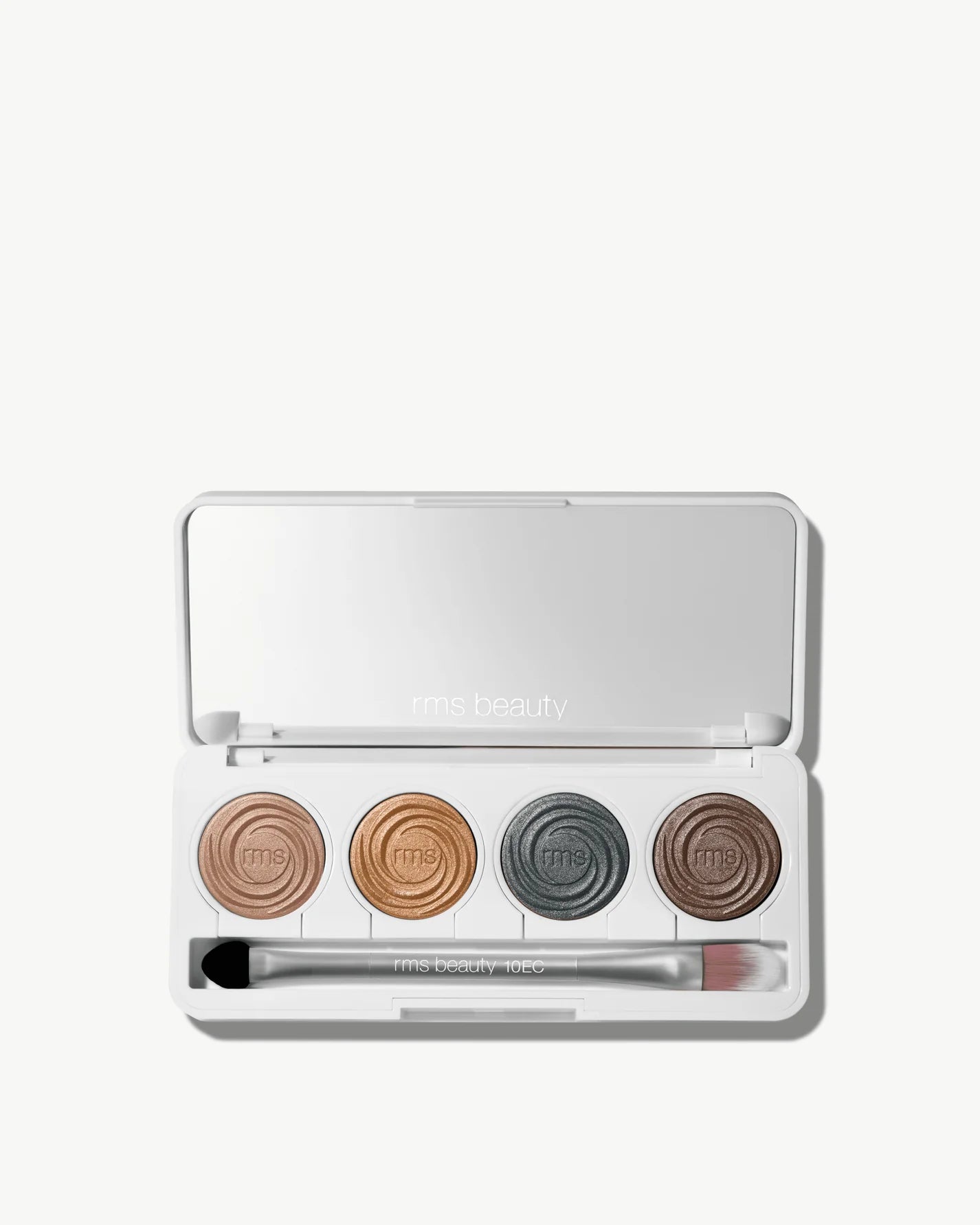 ReDimension Hydra Eyes Quartet by rms beauty: white compact with four cream-to-powder eyeshadows, dual-ended applicator, and mirror, ideal for a sustainable beauty routine.