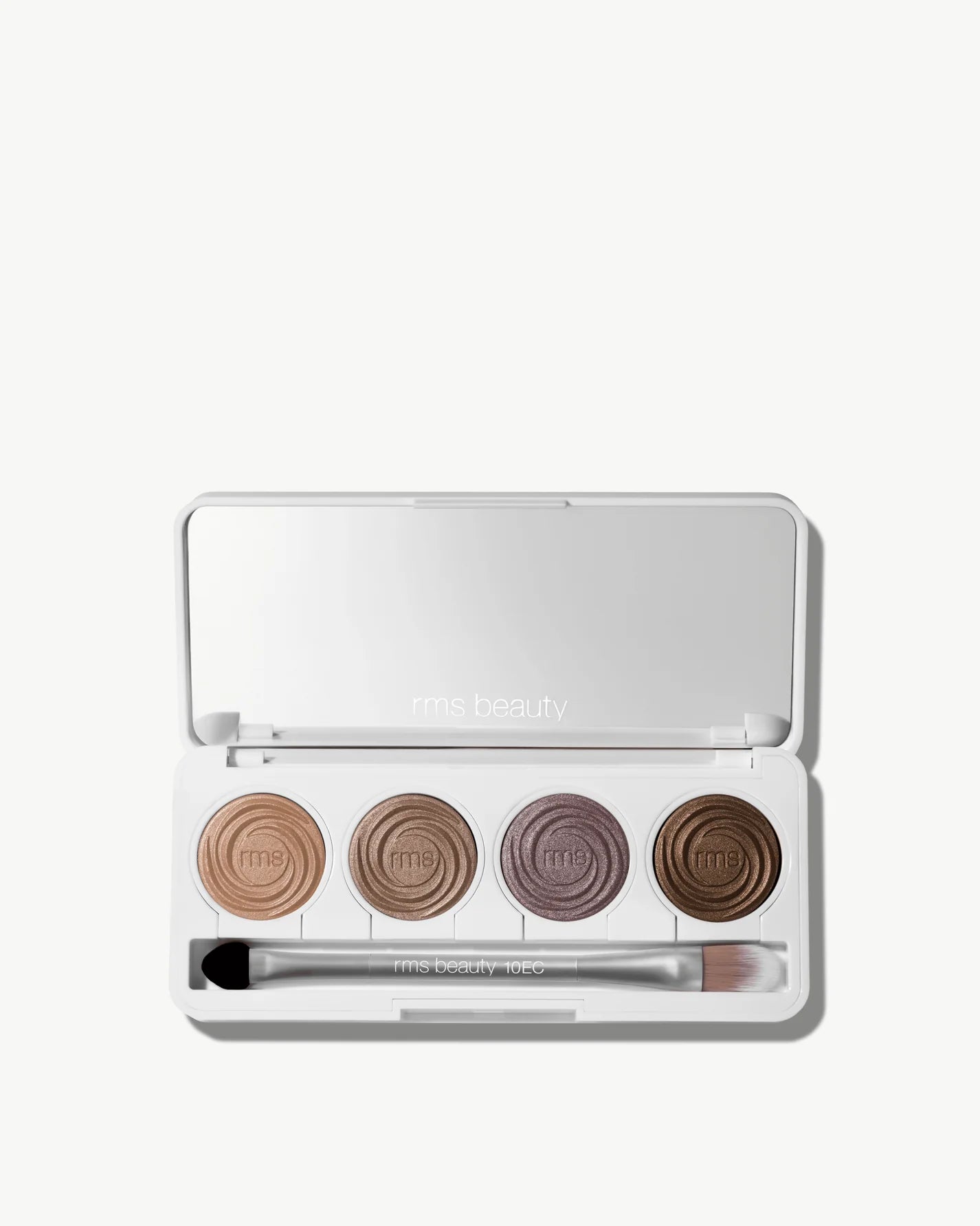 RMS Beauty ReDimension Hydra Eyes Quartet: open compact with mirror showcasing four shimmery cream-powder eyeshadows and dual-ended brush.