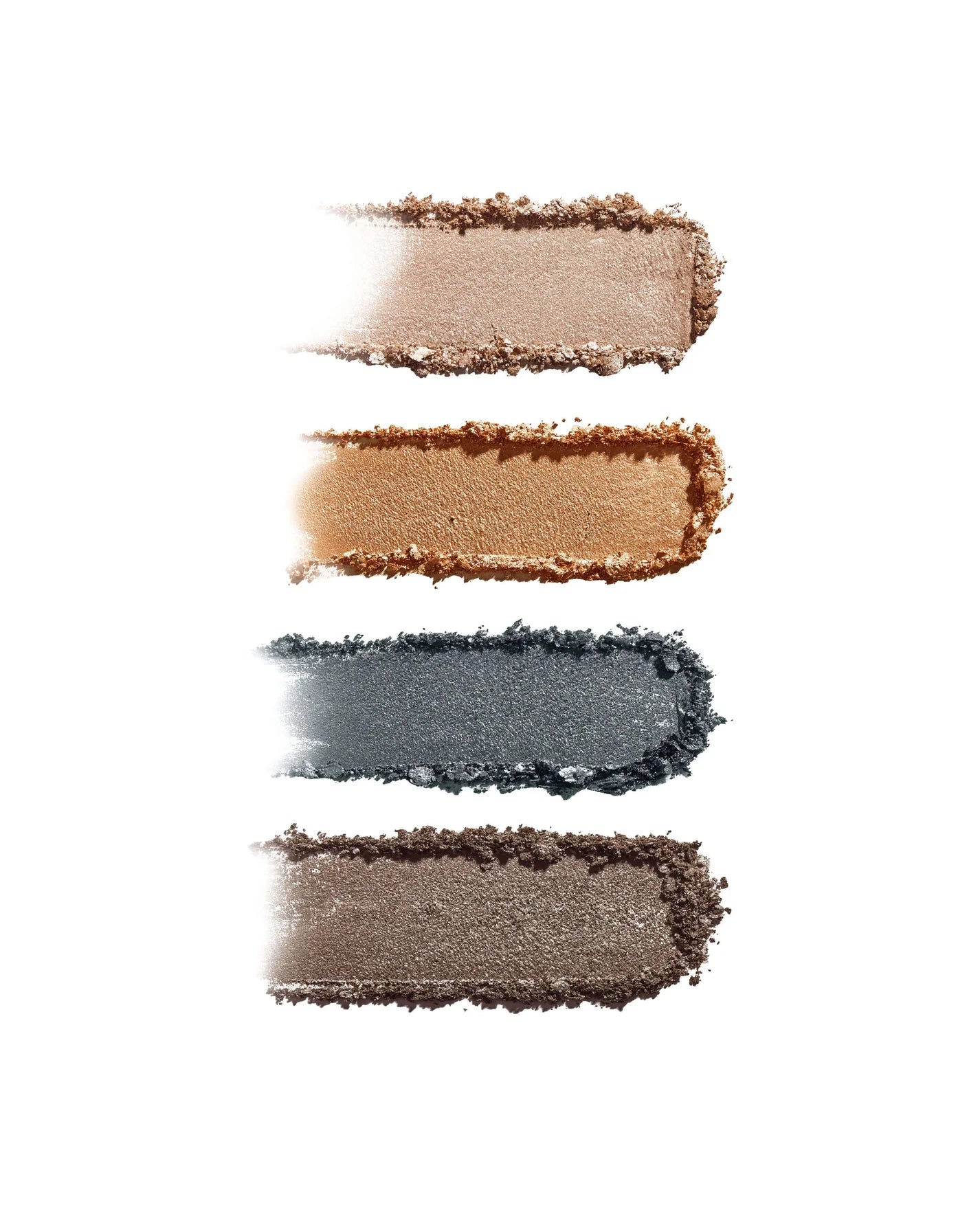 ReDimension Hydra Eyes Quartet: Four shimmery makeup pigments in pearly-champagne, golden-bronze, metallic slate-gray, and taupe-brown on a white background.