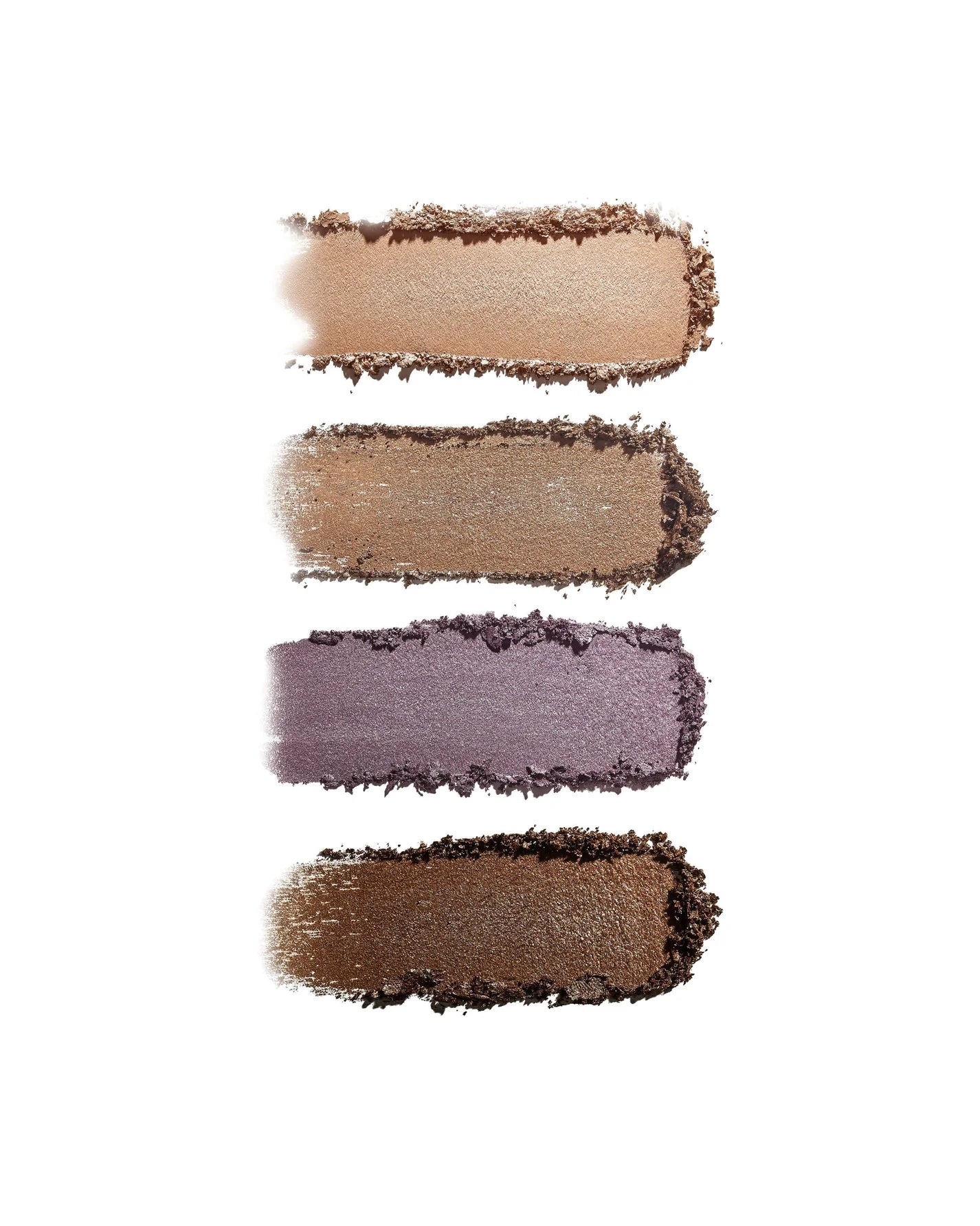 ReDimension Hydra Eyes Quartet featuring four crushed powder swatches: champagne-beige, light bronze, lavender-mauve, and chocolate brown, showcasing vibrant, sustainable beauty shades.