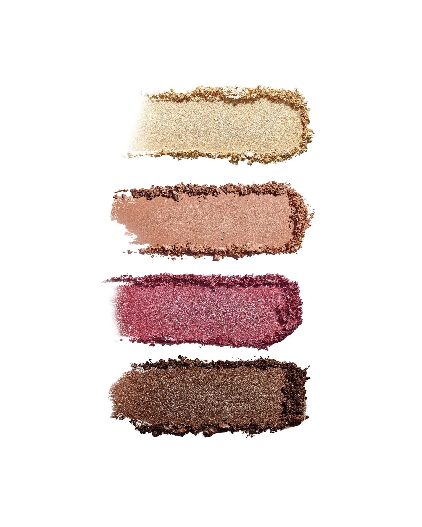 ReDimension Hydra Eyes Quartet featuring four crushed eyeshadow swatches: shimmery champagne-gold, peachy-nude, rosy-berry pink, and warm brown, embodying Beauty Shop Bellaire's clean beauty ethos.