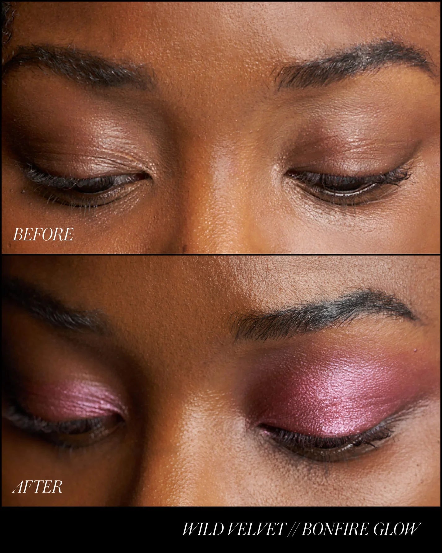 Before and after eyelid shot showcasing ReDimension Hydra Eyes Quartet in Bonfire Glow, highlighting the transformation with a shimmery, metallic rose-red eyeshadow.