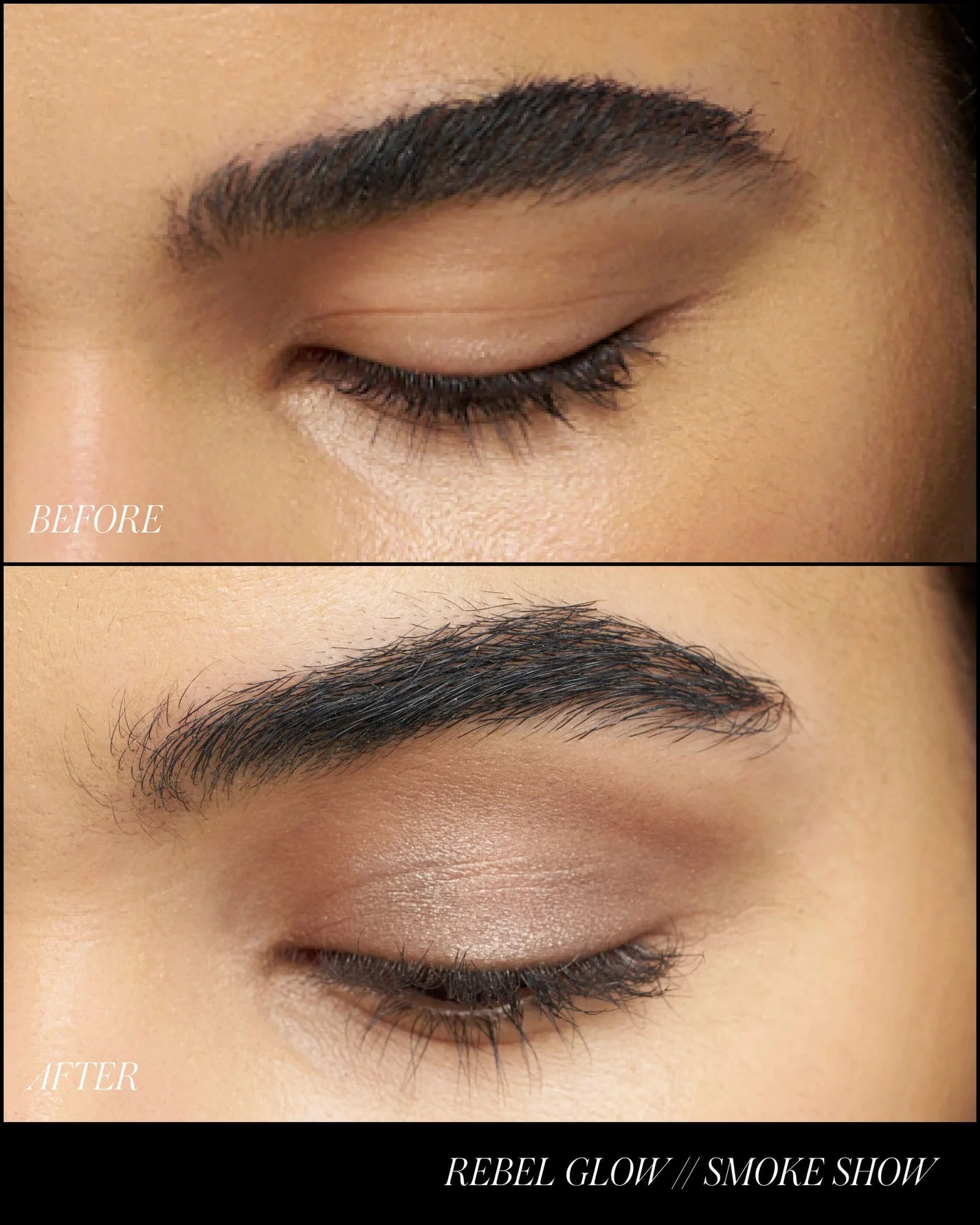 Before-and-after eye close-up showcasing ReDimension Hydra Eyes Quartet's soft, smoky effect on lid and brow.