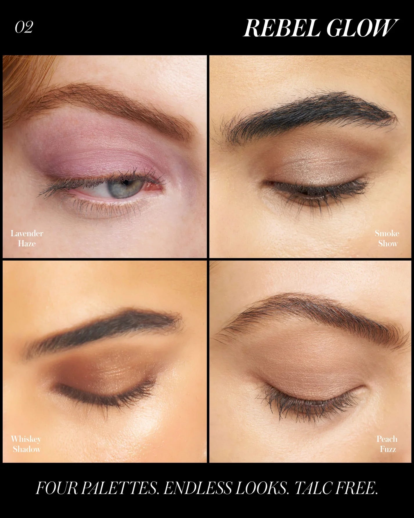 ReDimension Hydra Eyes Quartet displays four eyelid close-ups, each with different shades: Lavender Haze, Smoke Show, Whiskey Shadow, Peach Fuzz. FOUR PALETTES. ENDLESS LOOKS. TALC FREE.