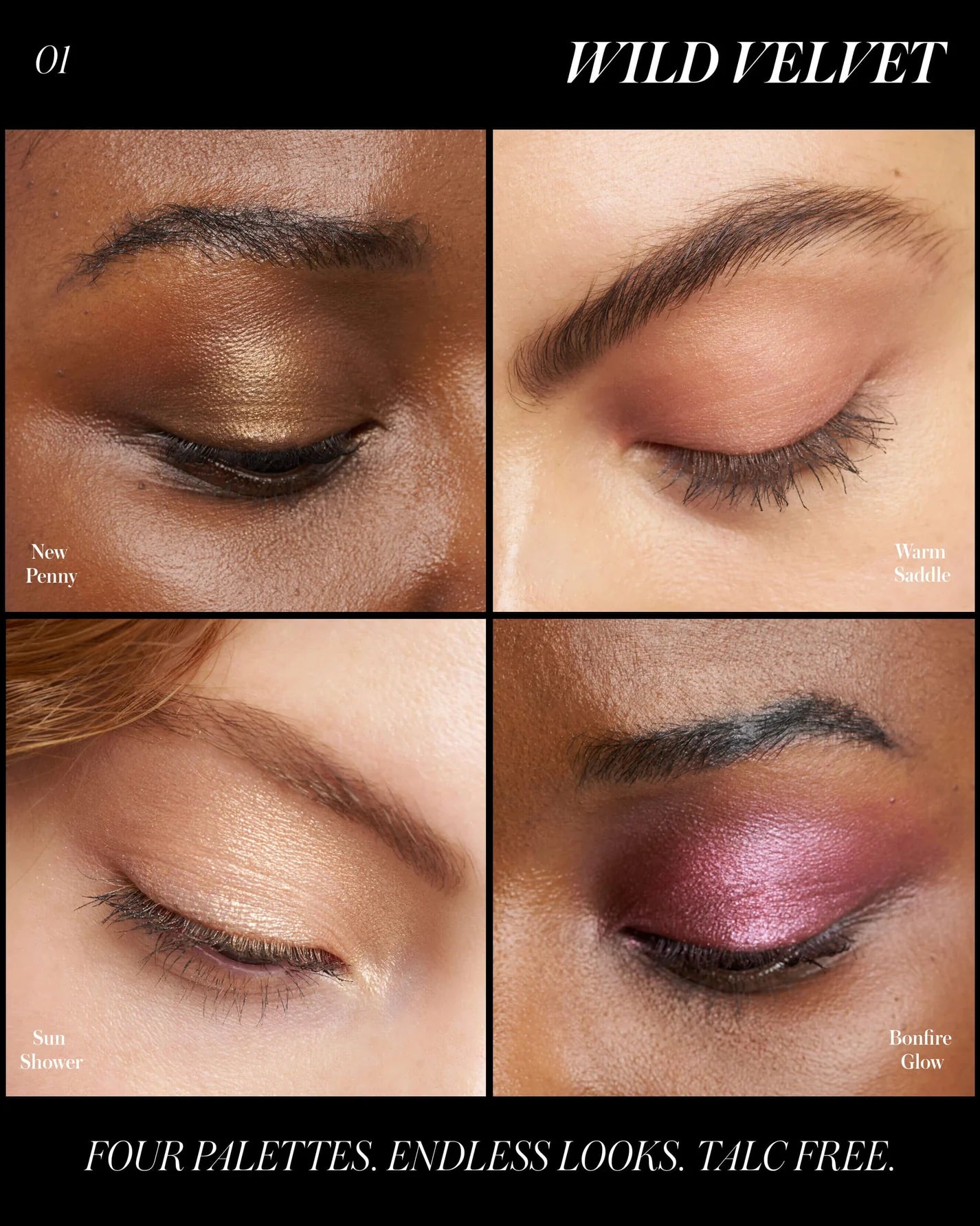 ReDimension Hydra Eyes Quartet featuring four eyelid close-ups in shades: copper satin, dusty-rose brown, pale gold shimmer, and metallic berry. Text reads “Four Palettes. Endless Looks. Talc Free.”