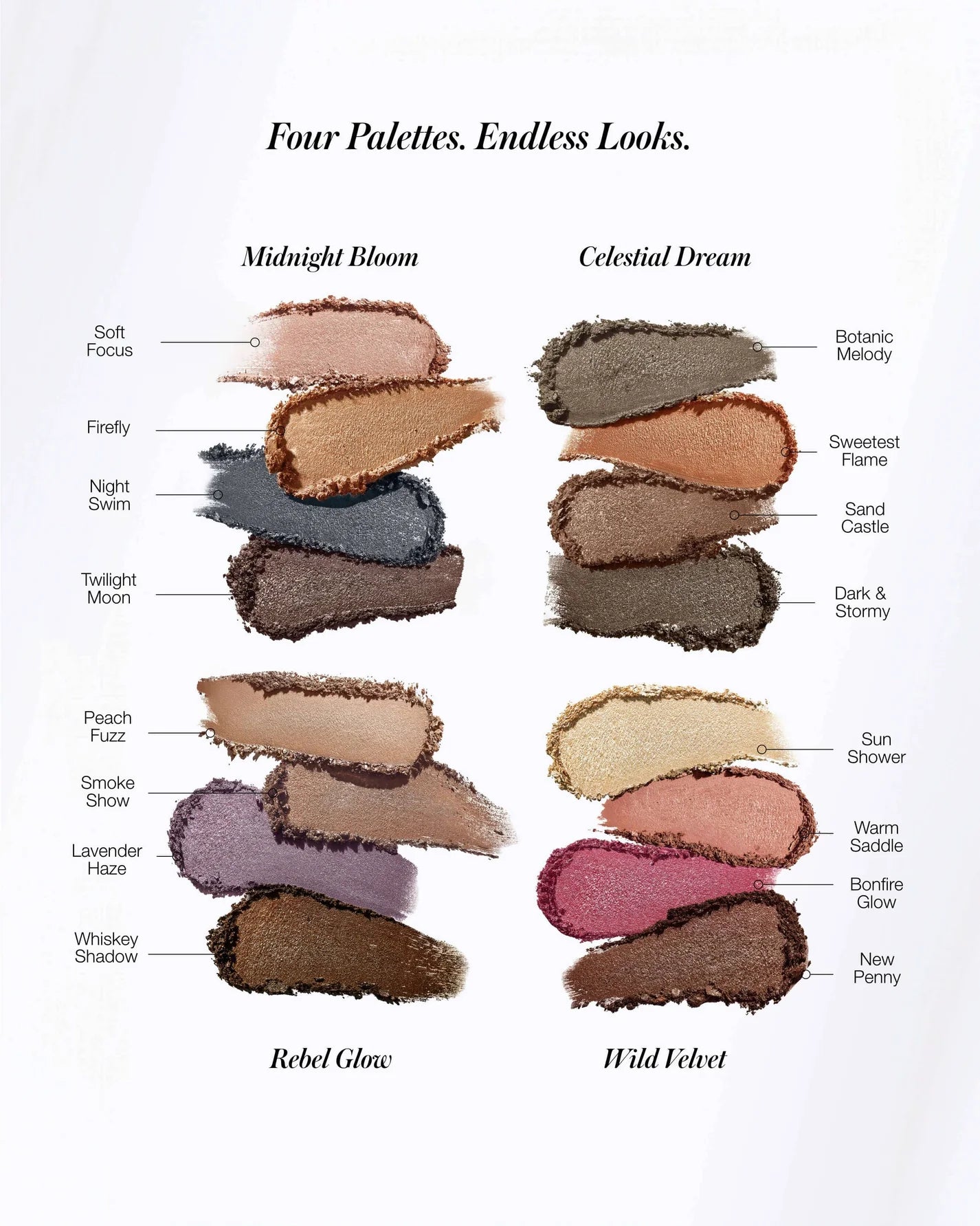 ReDimension Hydra Eyes Quartet: Four versatile 4-shade palettes, each with unique colors like shimmer and metallics, offering endless eye makeup looks.