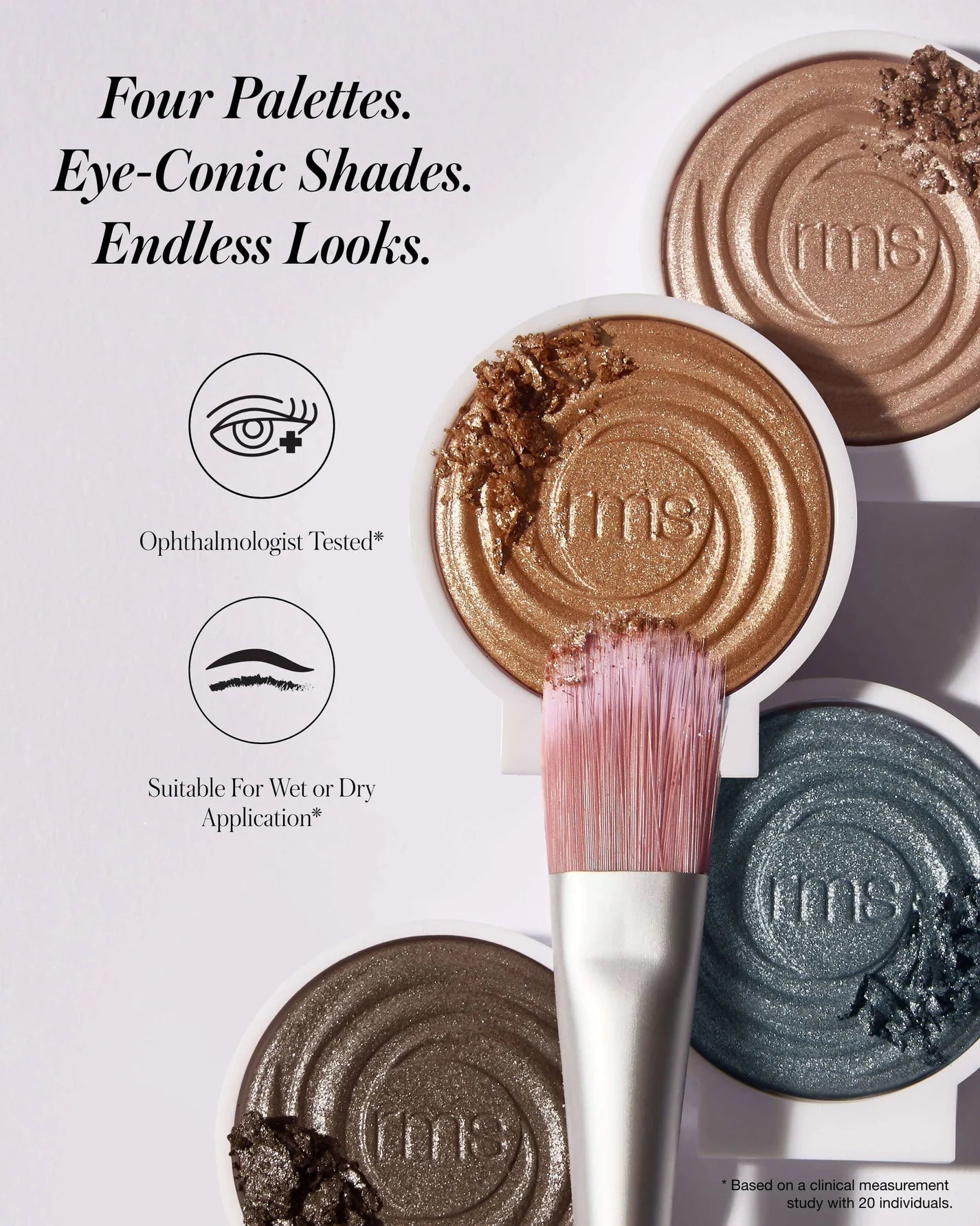 ReDimension Hydra Eyes Quartet with four metallic shadows and a pink-bristled brush, highlighting versatile application and eye safety certifications.