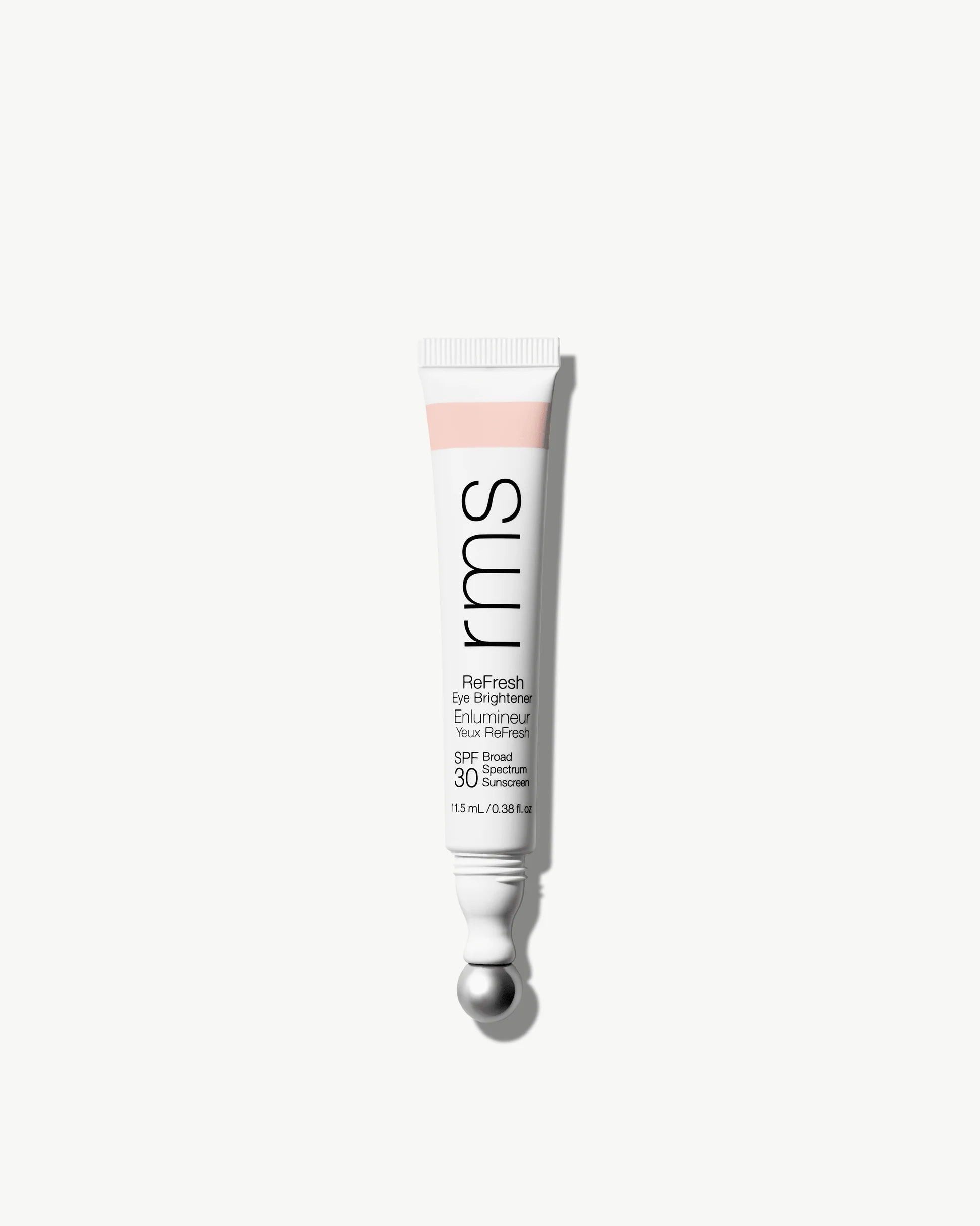 RMS ReFresh Eye Brightener SPF 30 in a squeeze tube with metal roller-ball, enhances under-eye area with mineral sunscreen and nourishing ingredients.