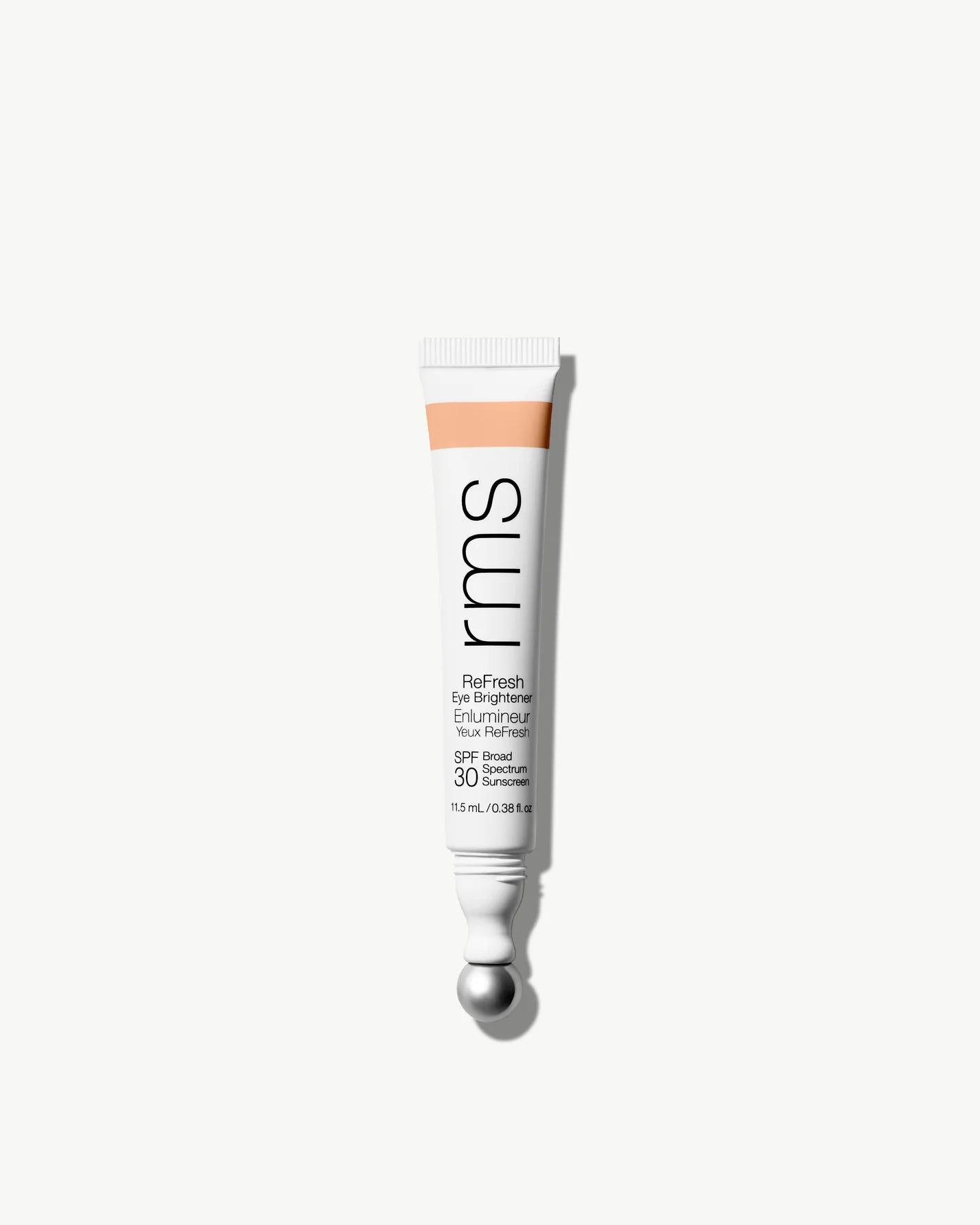 RMS Beauty ReFresh Eye Brightener SPF 30 tube with metal roller-ball applicator for depuffing and protecting the undereye area.