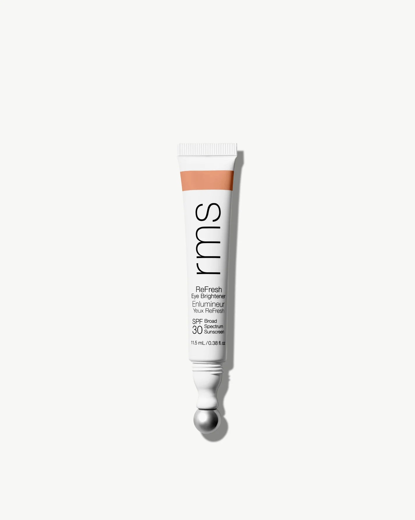 RMS ReFresh Eye Brightener with SPF 30 in a white tube, featuring a metallic rollerball for application, designed to brighten and protect the under-eye area.