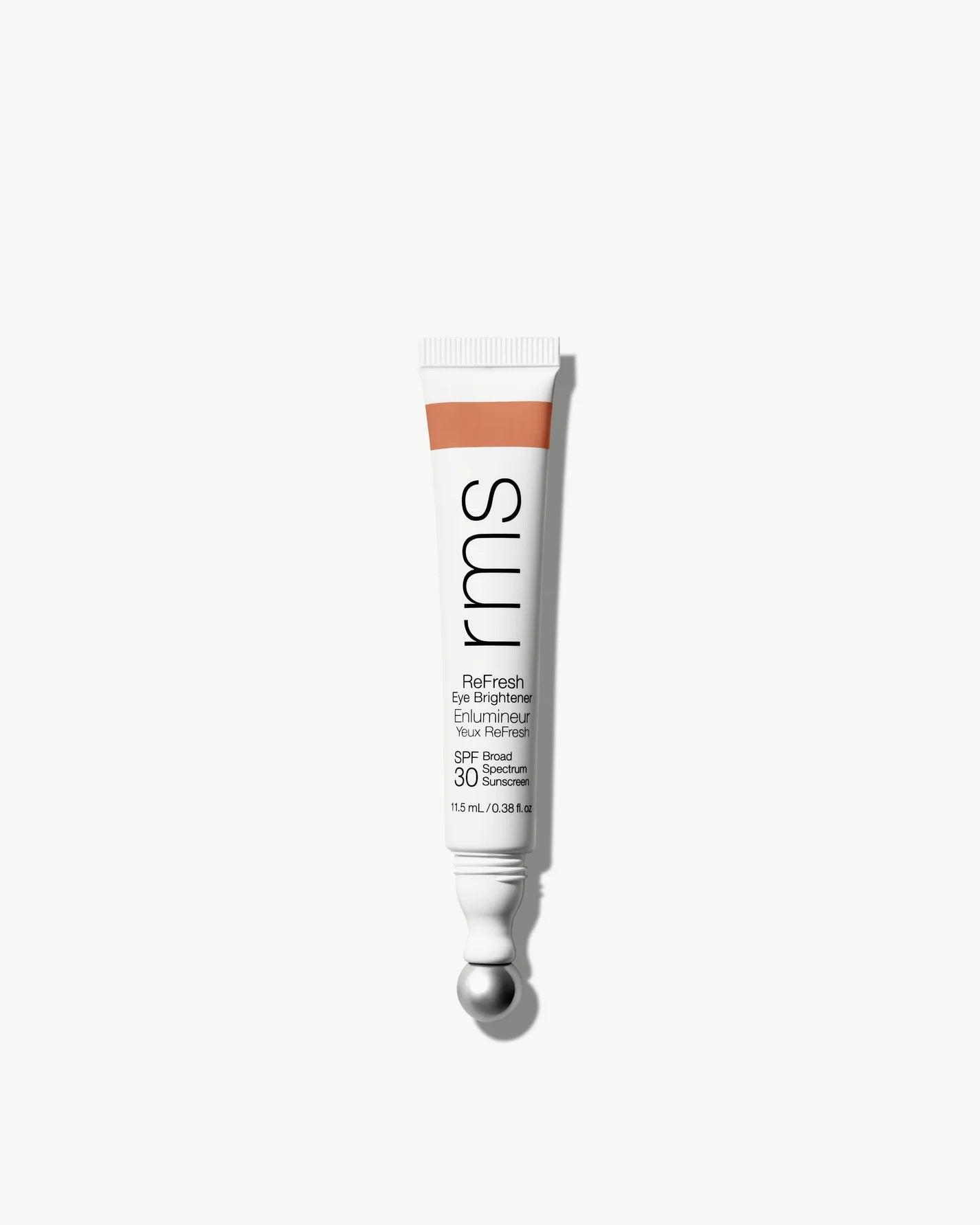 RMS ReFresh Eye Brightener SPF 30 tube with metal-ball applicator, designed to brighten under-eye area, offering sun protection and a cooling, depuffing effect.