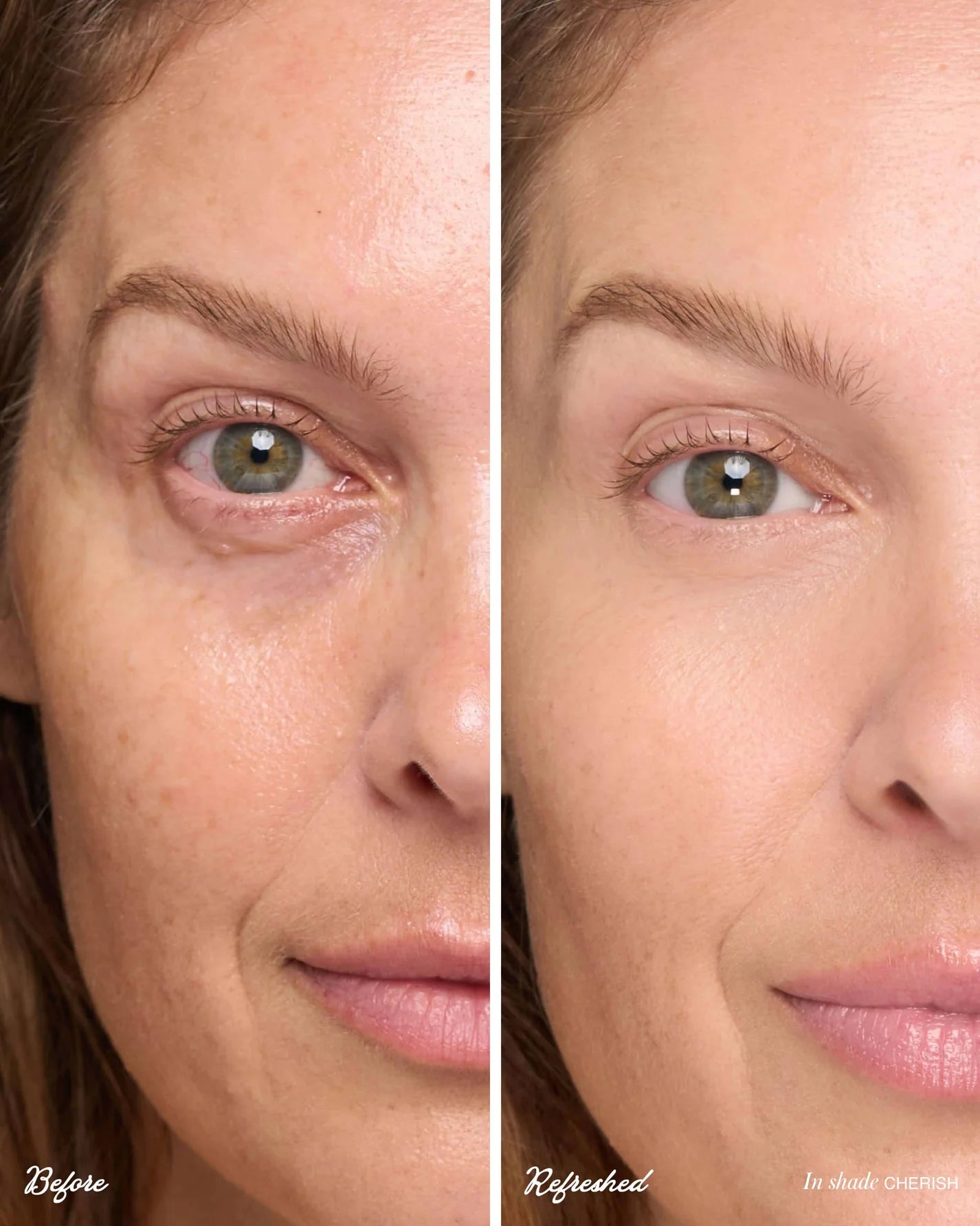 Split-screen showing the before and after effects of ReFresh Eye Brightener with SPF 30, illustrating smoother, brighter under-eye skin in shade Cherish.