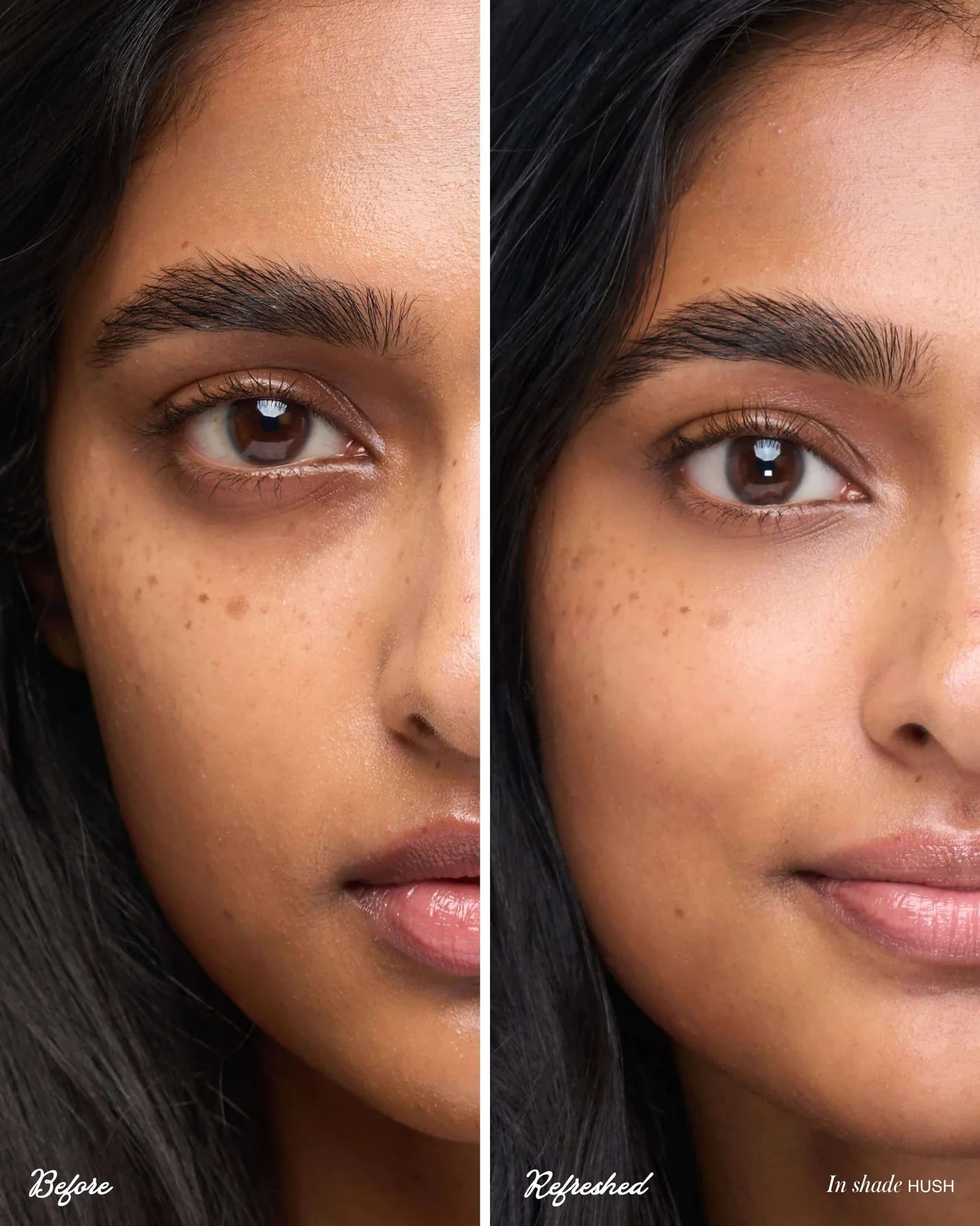 Split-screen of a woman's face, showing before and after using ReFresh Eye Brightener with SPF 30, highlighting improved under-eye appearance and even skin tone.