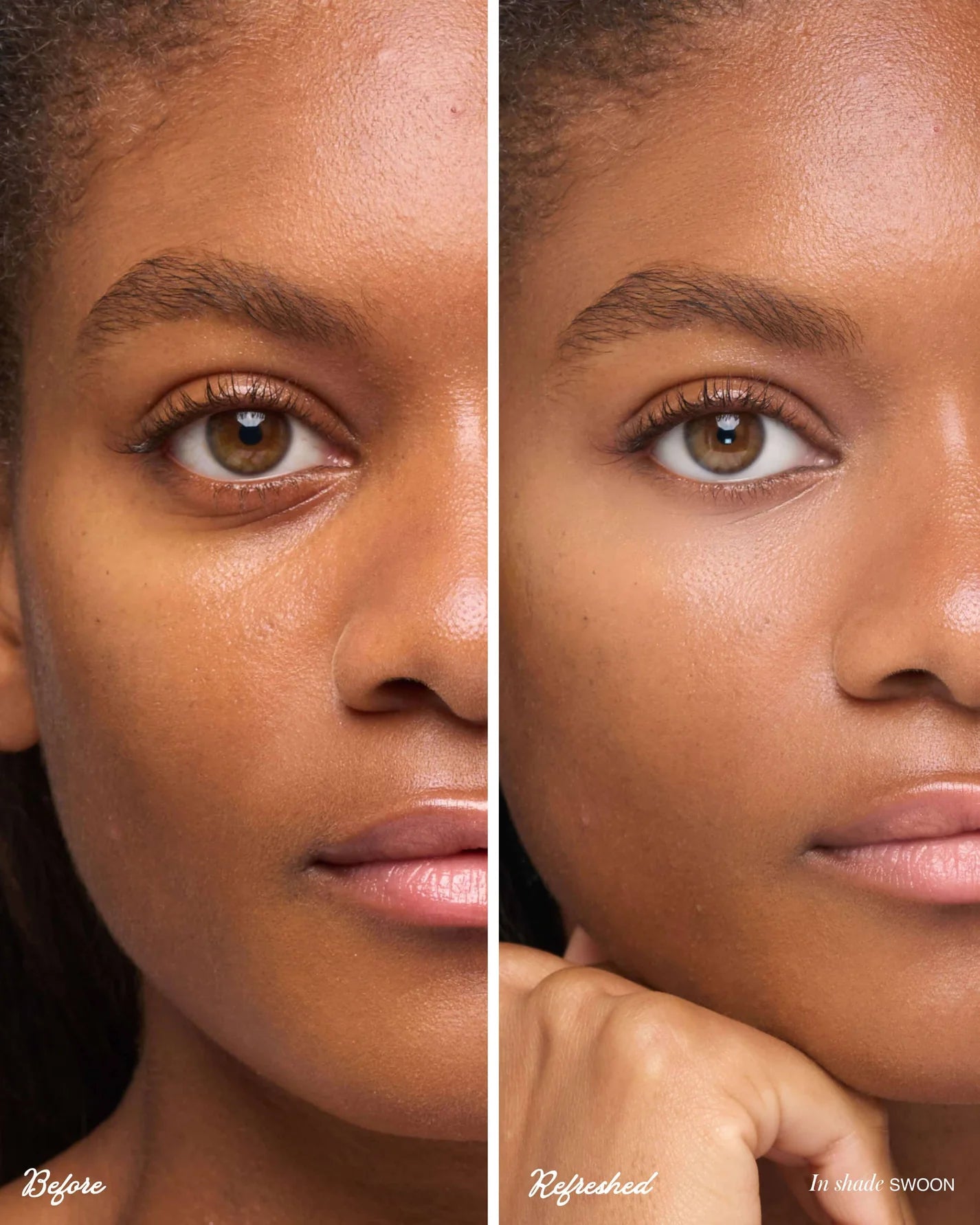 ReFresh Eye Brightener with SPF 30: Split image shows under-eye improvement—brighter, even complexion after application, highlighting its corrective, protective benefits.
