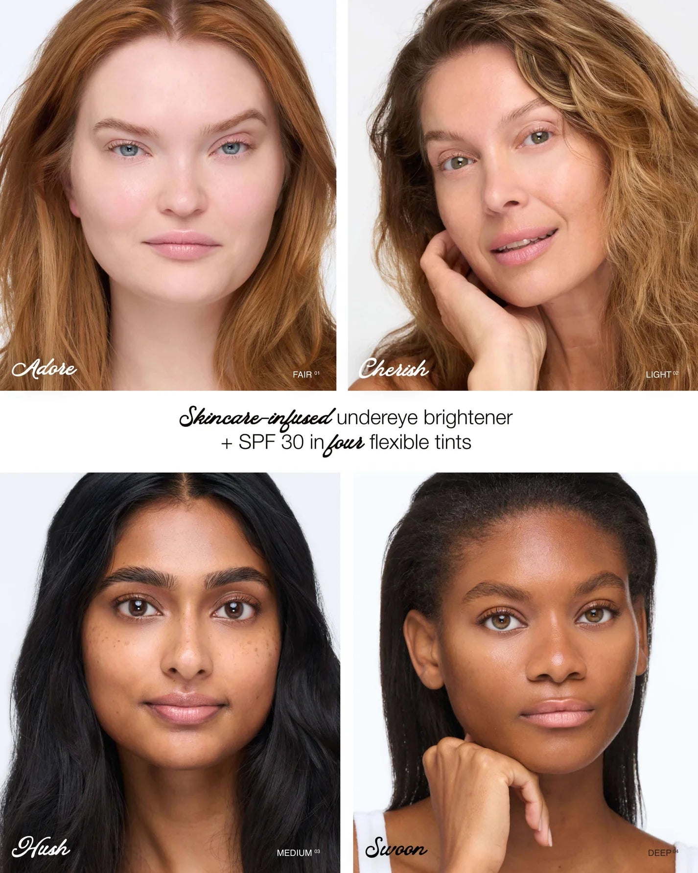 ReFresh Eye Brightener with SPF 30 showcased on diverse models, highlighting four flexible shades for all skin tones, emphasizing correction, protection, and revitalization.