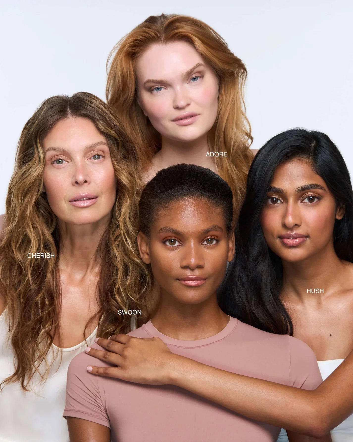 Four models showcase ReFresh Eye Brightener with SPF 30 in diverse shades: Adore, Cherish, Swoon, Hush, demonstrating its versatility for various skin tones.