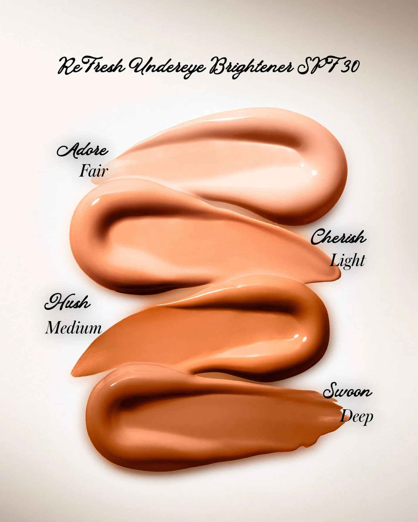 ReFresh Eye Brightener SPF 30 swatches in four shades, showcasing a versatile, mineral SPF-infused product designed to brighten and protect the under-eye area.