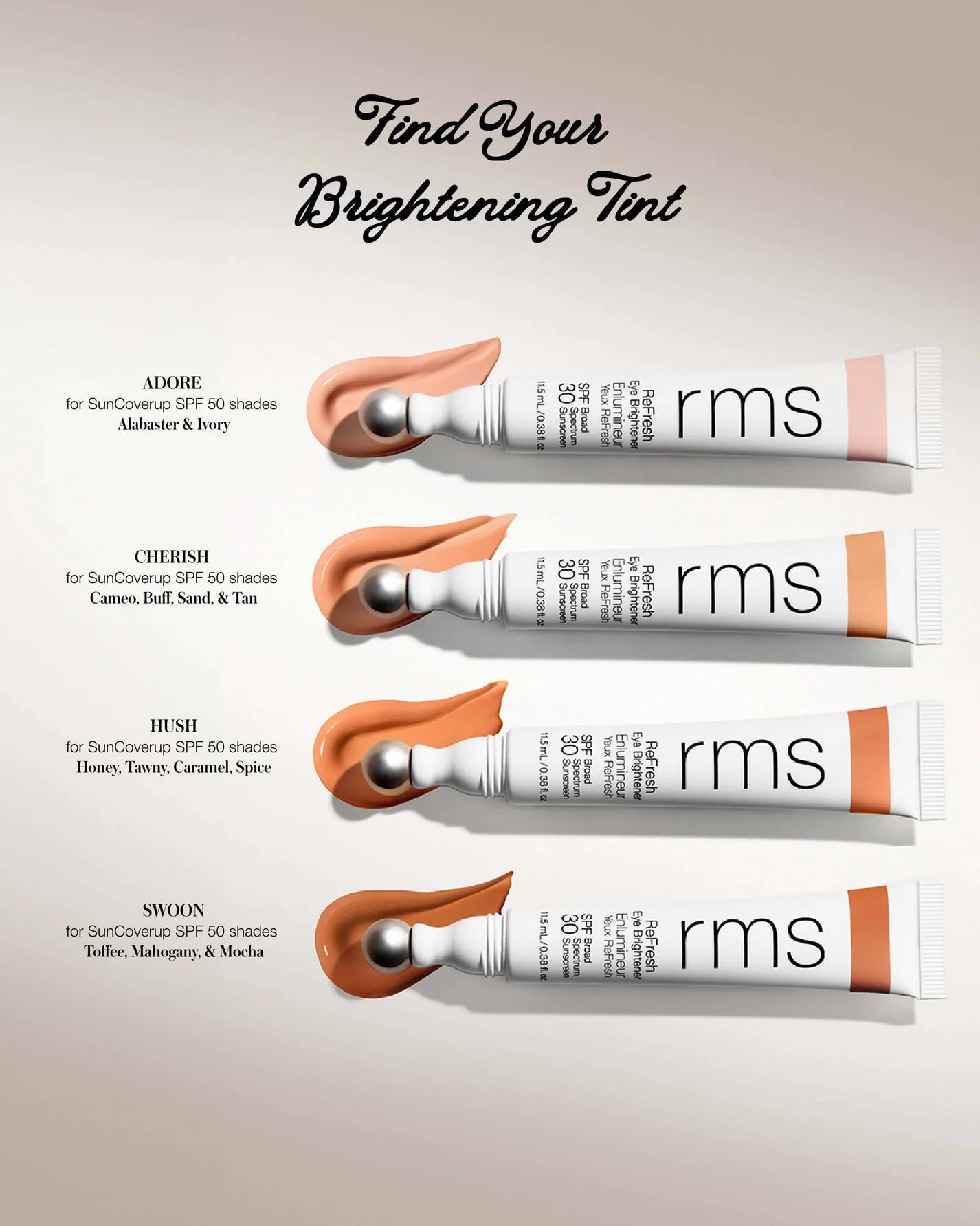 RMS Beauty's Re-Fresh Eye Brightener SPF 30 in four tinted shades, featuring cooling steel-ball applicators and swatches for visual shade comparison.