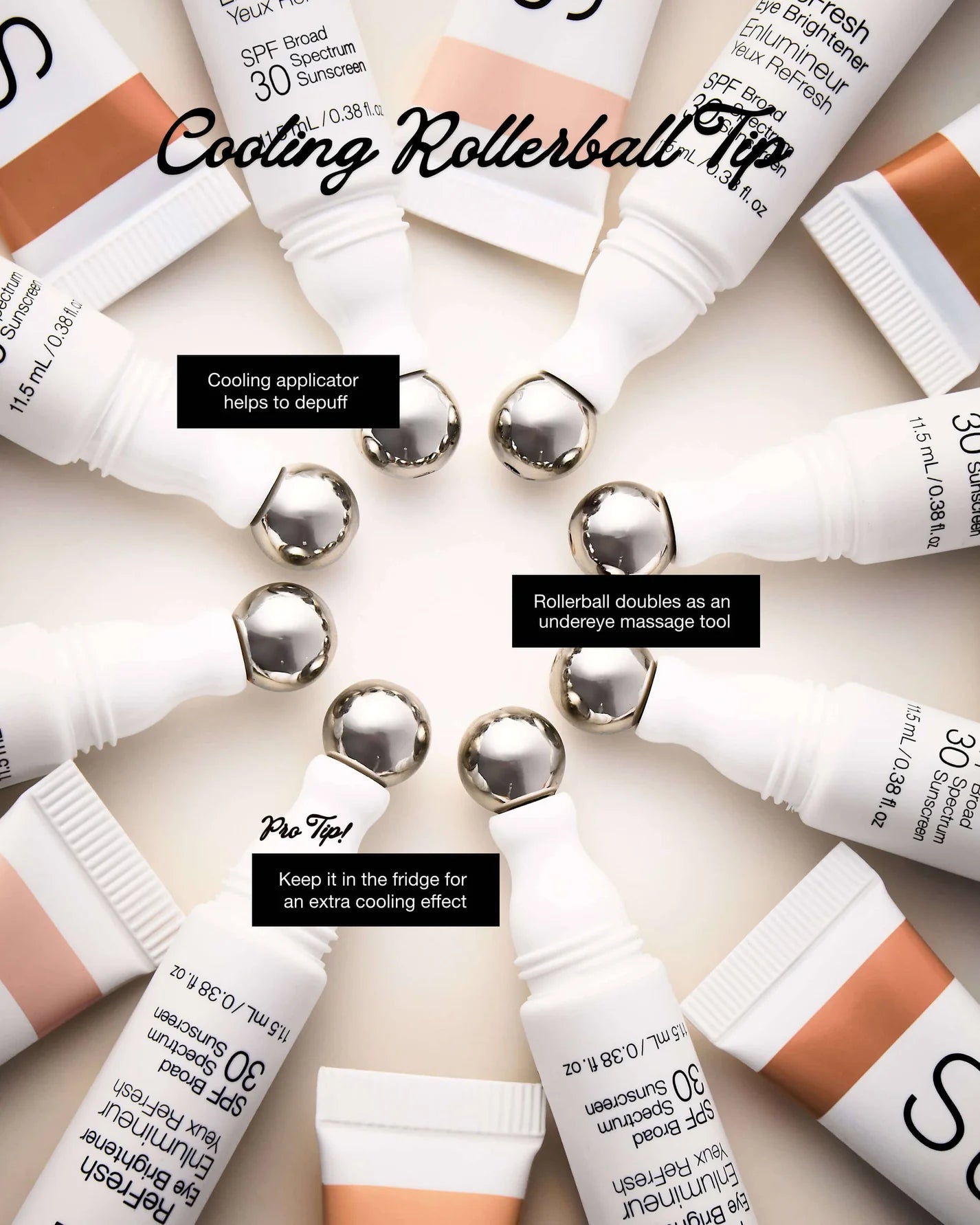 ReFresh Eye Brightener with SPF 30 tubes, featuring metal rollerball applicators, arranged in a circle, highlighting depuffing and cooling benefits for under-eye care.