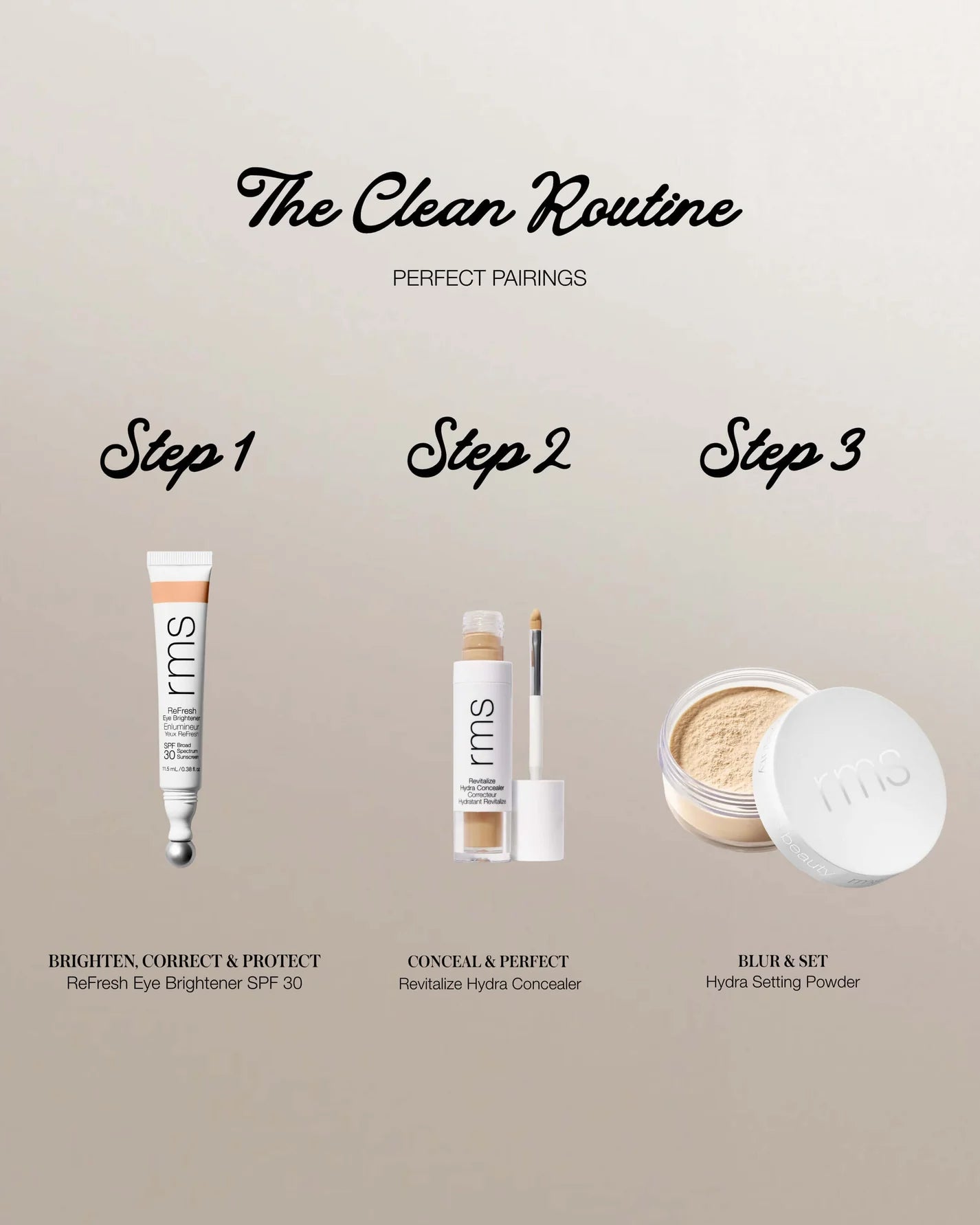 RMS Beauty's three-step routine featuring ReFresh Eye Brightener SPF 30, Revitalize Hydra Concealer, and Hydra Setting Powder for a flawless, protected complexion.