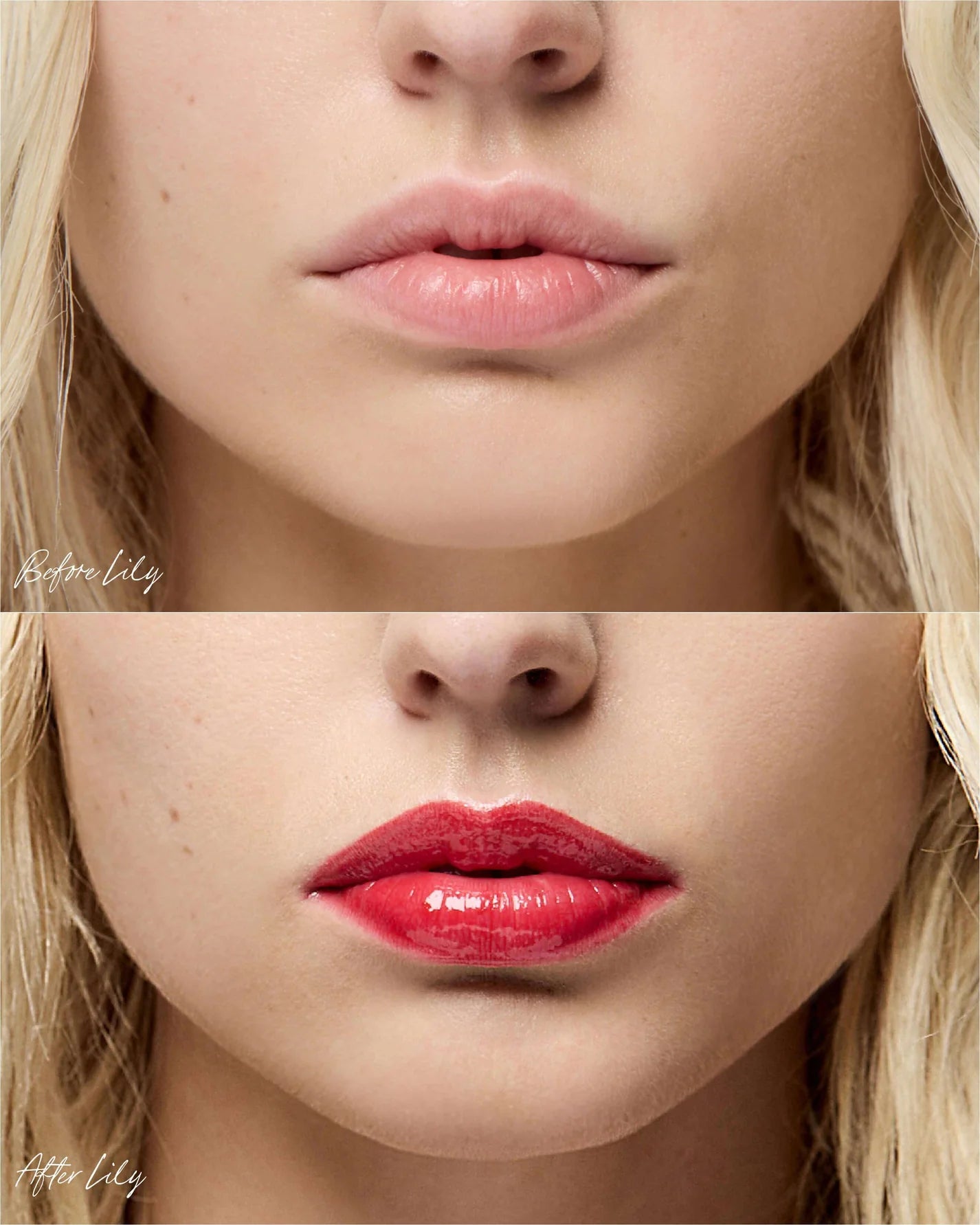 Before and after of lips with the Mini Lip Oil Trio; bare lips then glossy red using Legendary Lip Oil in shade Lily.